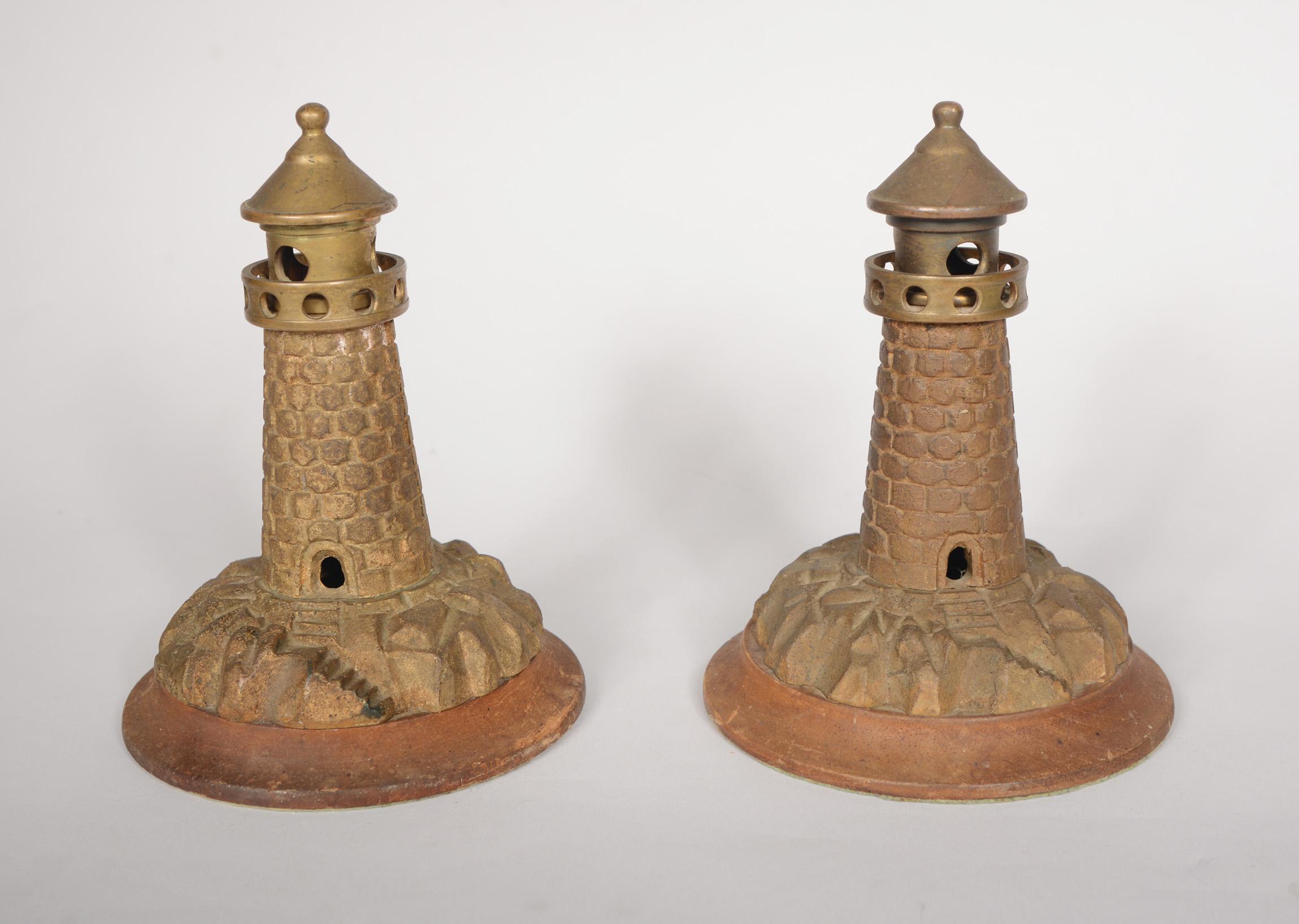 Rustic Brass Lighthouse Lamp with Two Lighthouse Garnitures Early 20th Century