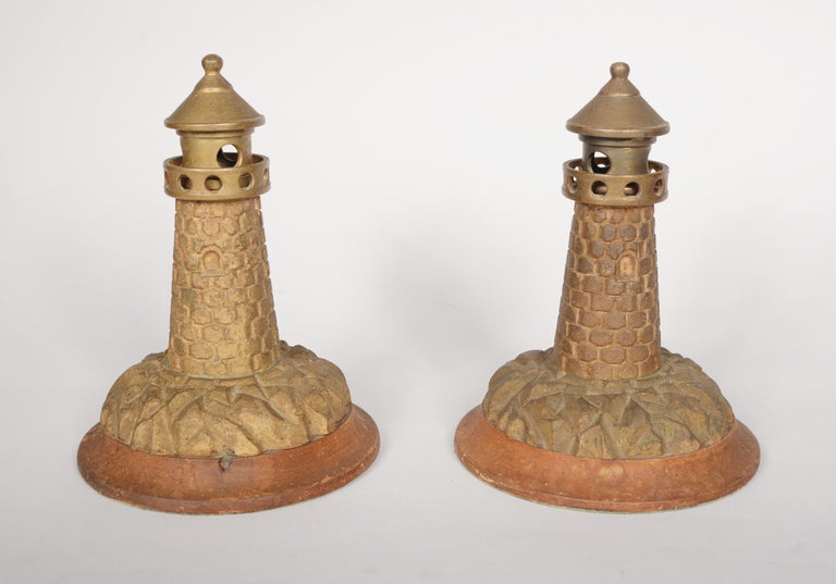 Brass Lighthouse Lamp with Two Lighthouse Garnitures Early 20th Century