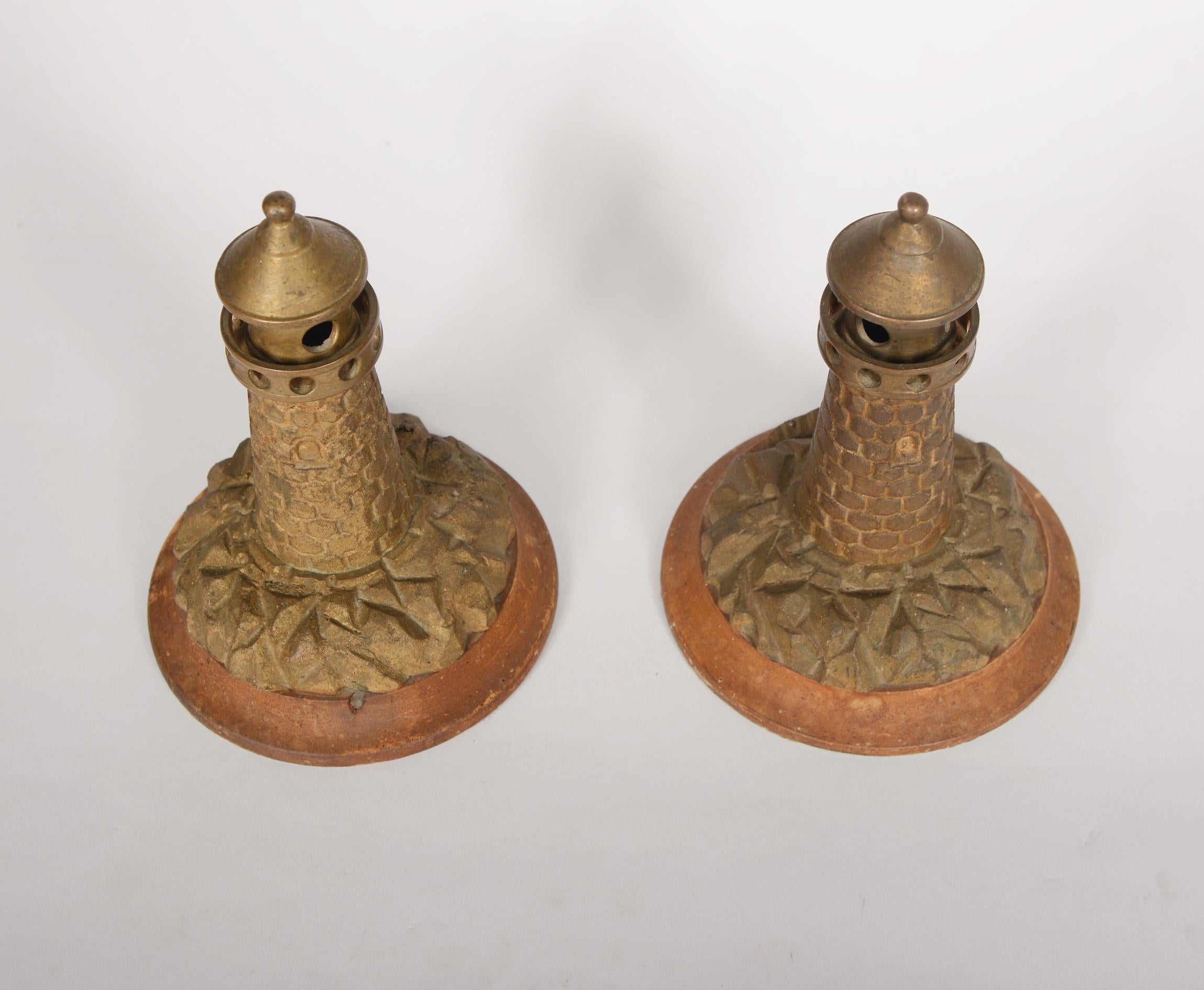 Rustic Brass Lighthouse Lamp with Two Lighthouse Garnitures Early 20th Century