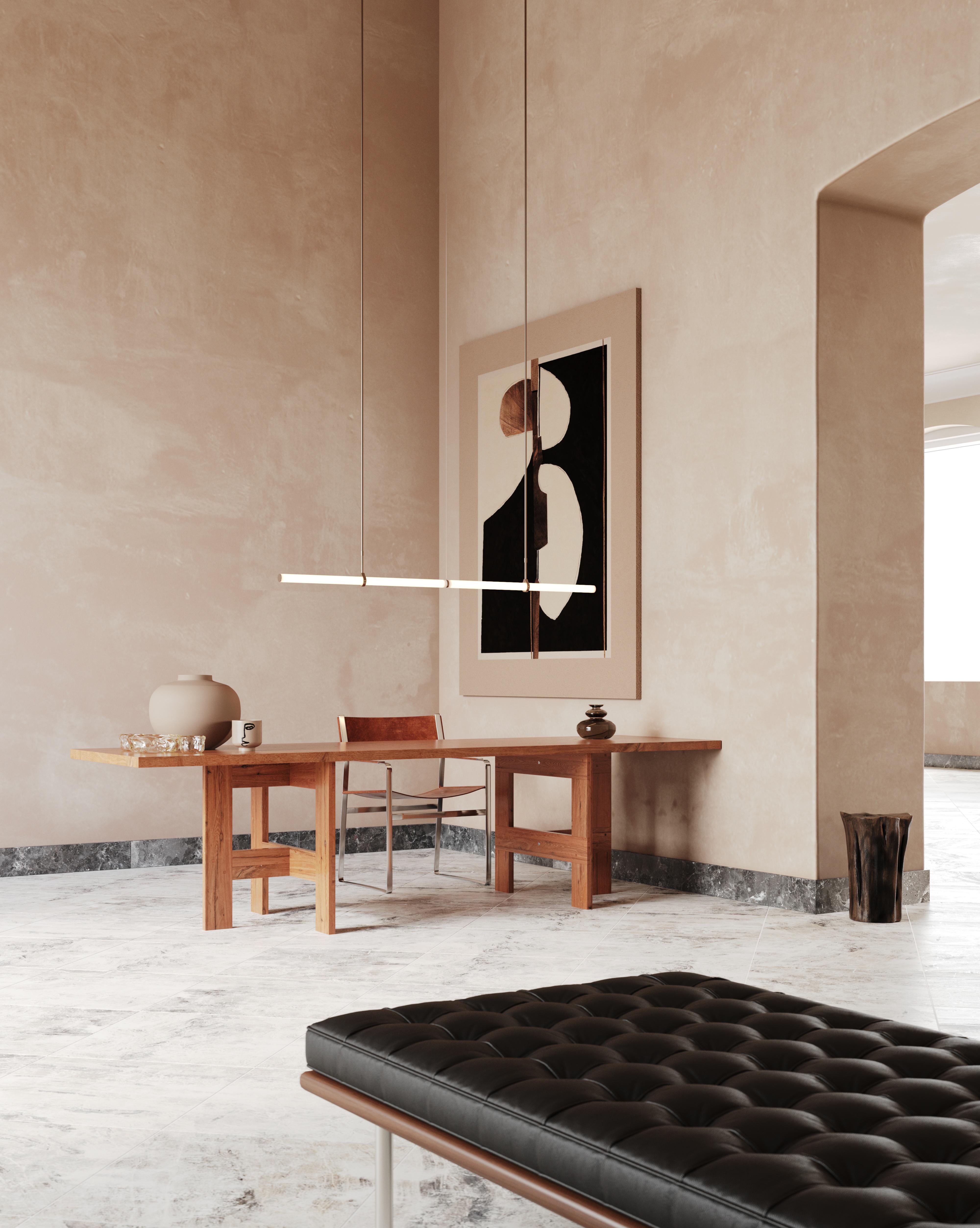 Horizontal pendant light object.

Inspiring simplicity is the essence of this horizontal pendant light object. Designed to make a strong impact by using just two lines.
Dimensions: 165 cm x 80 cm or 125 cm x 80 cm (height to order)
Materials: brass,