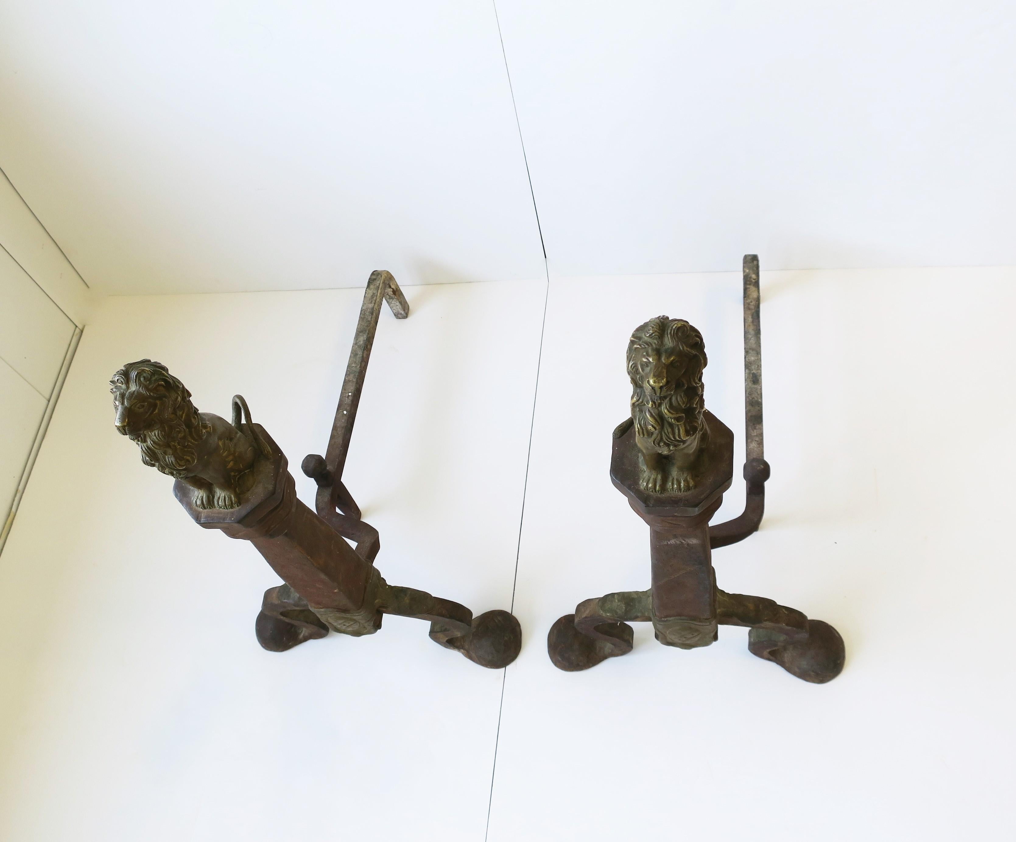 European Fireplace Andirons with Brass Lion Sculpture, Pair