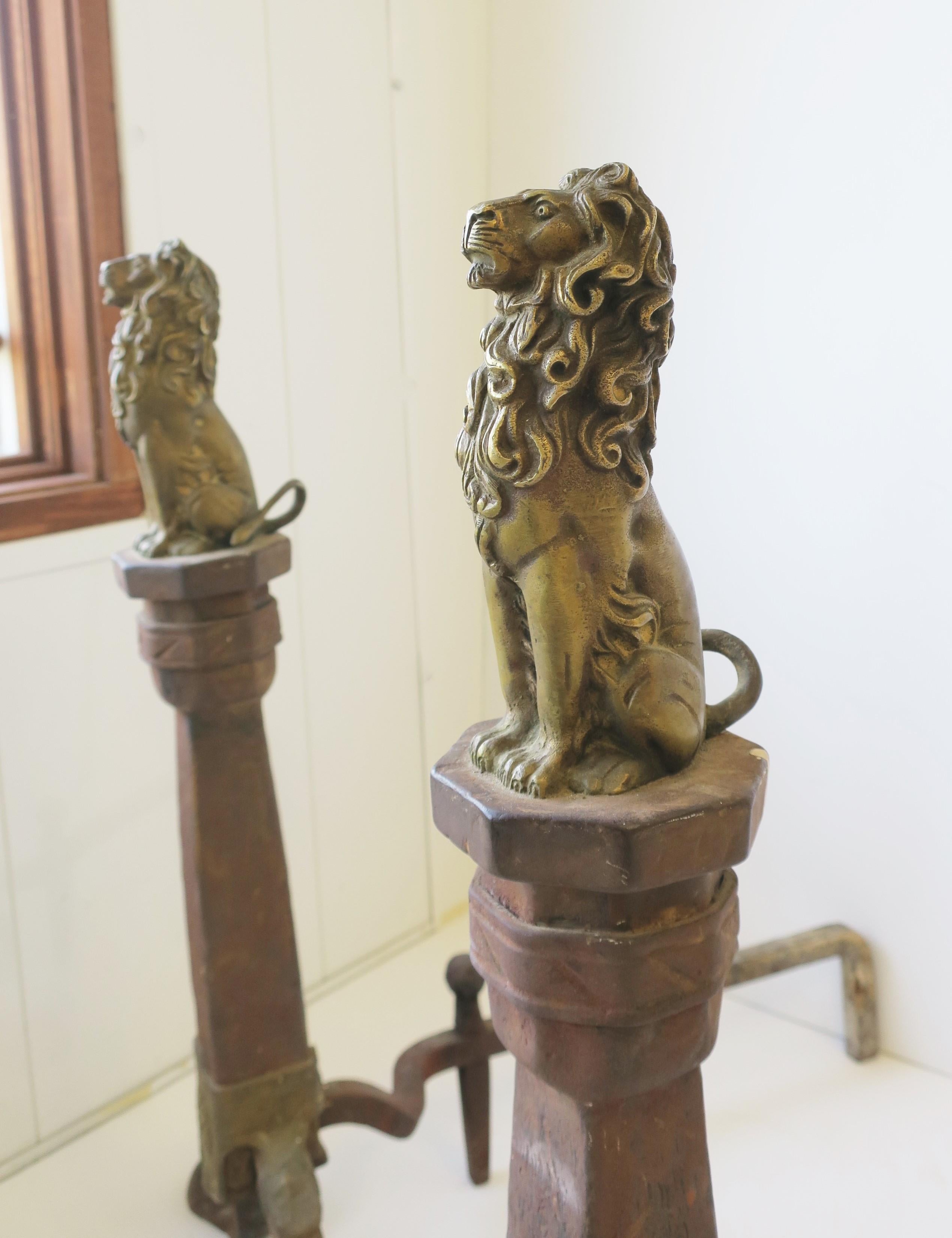 Fireplace Andirons with Brass Lion Sculpture, Pair In Good Condition In New York, NY