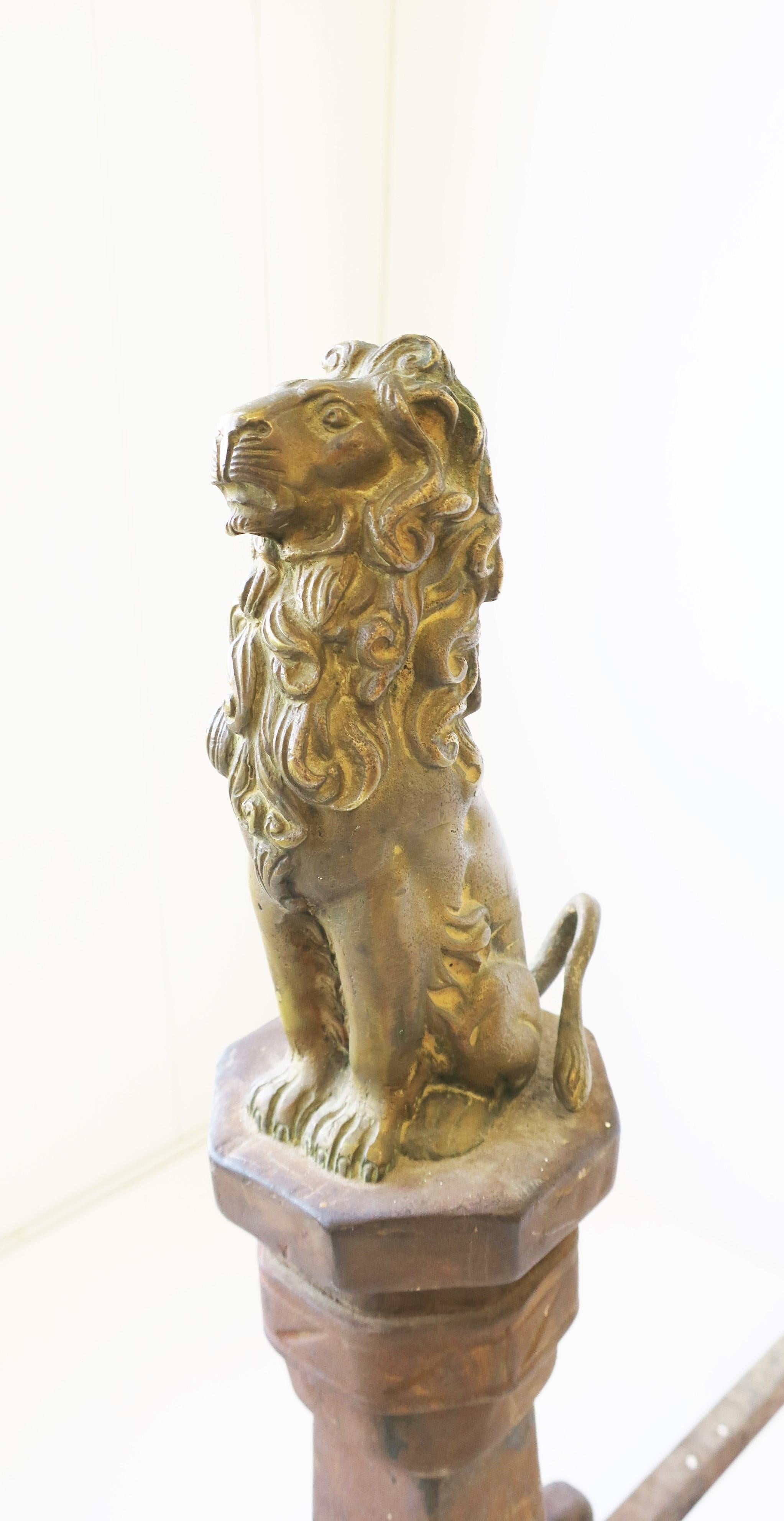 19th Century Fireplace Andirons with Brass Lion Sculpture, Pair