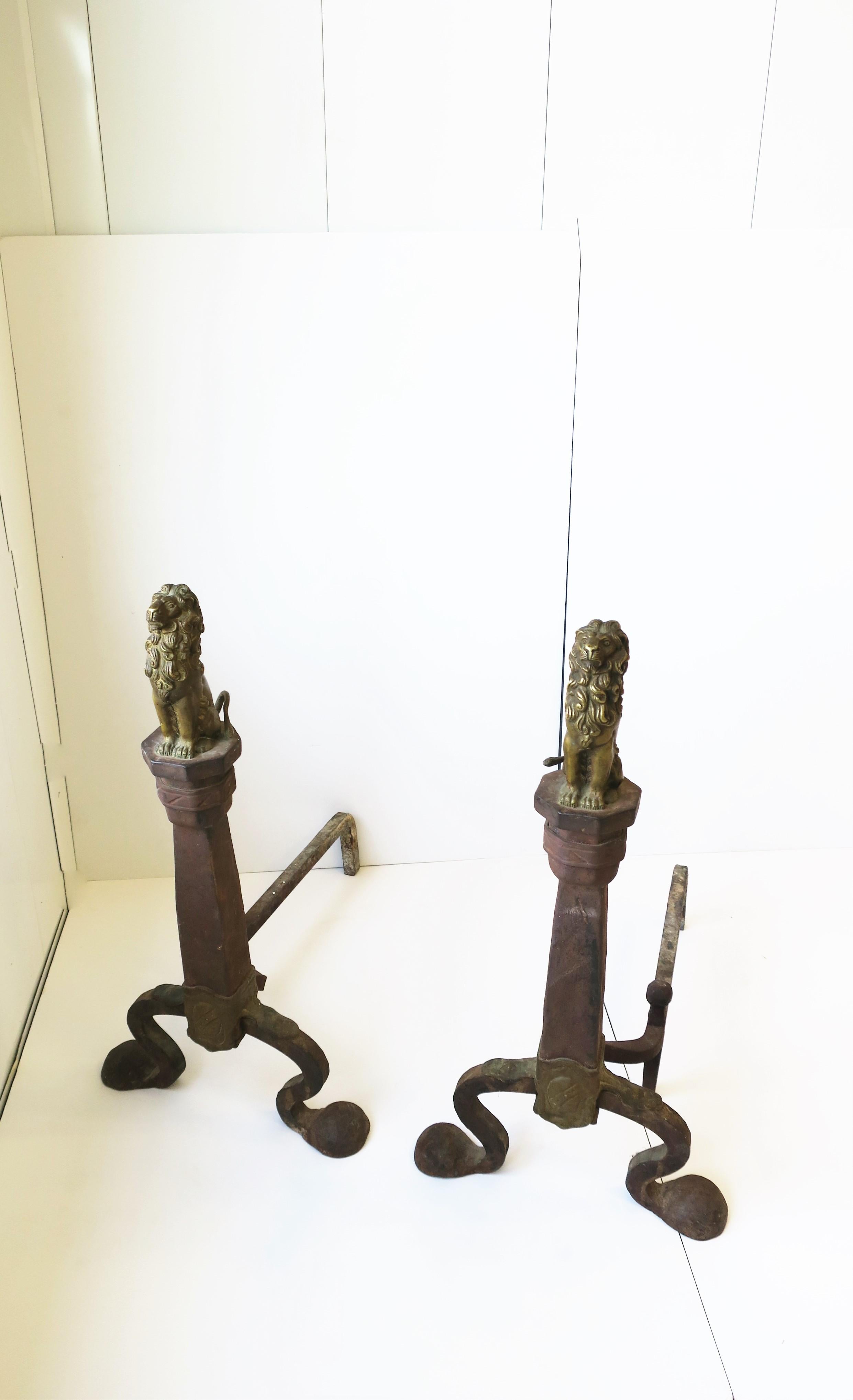 Regency Fireplace Andirons with Brass Lion Sculpture, Pair