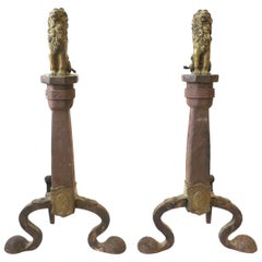 Fireplace Andirons with Brass Lion Sculpture, Pair