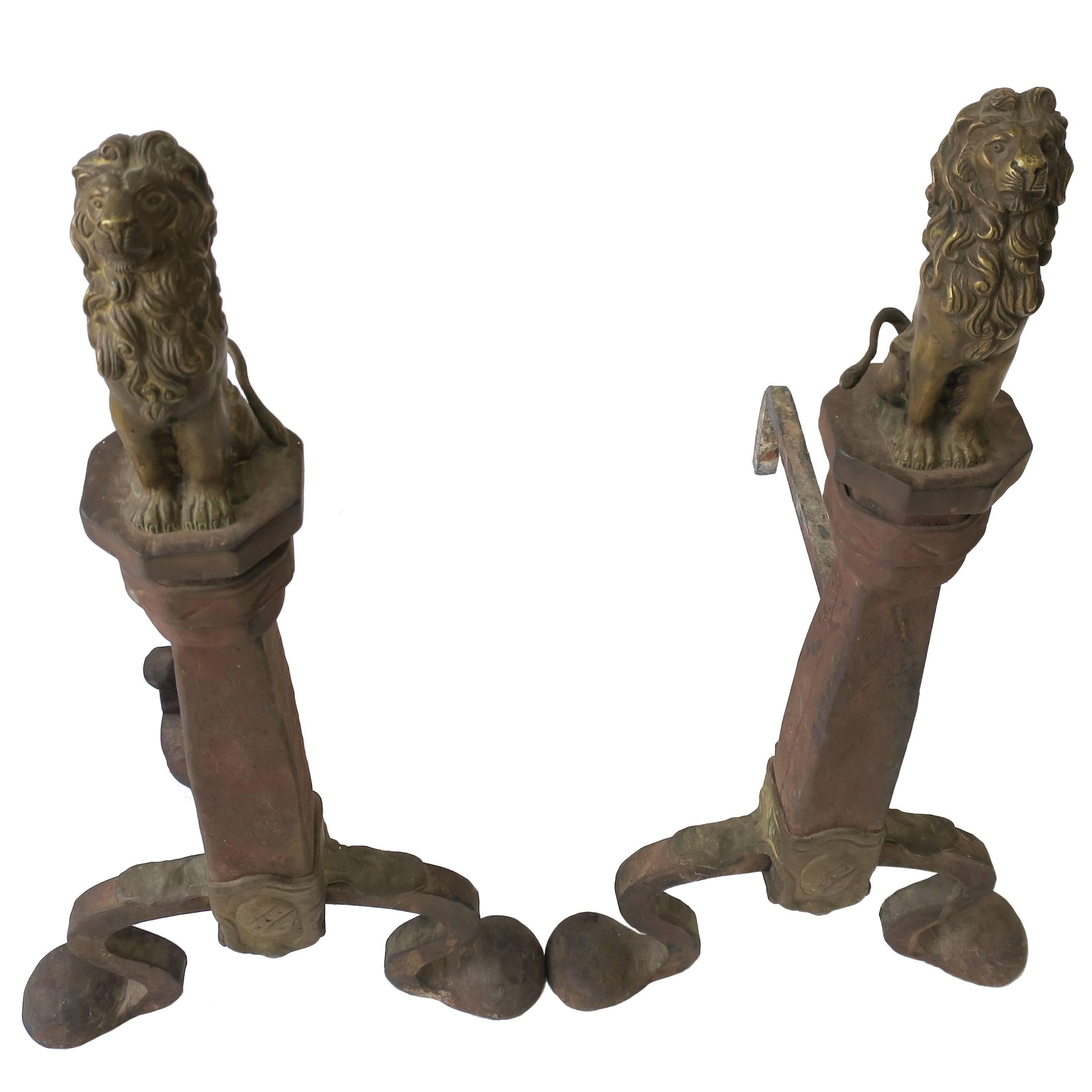 Fireplace Andirons with Brass Lion Sculpture, Pair 3