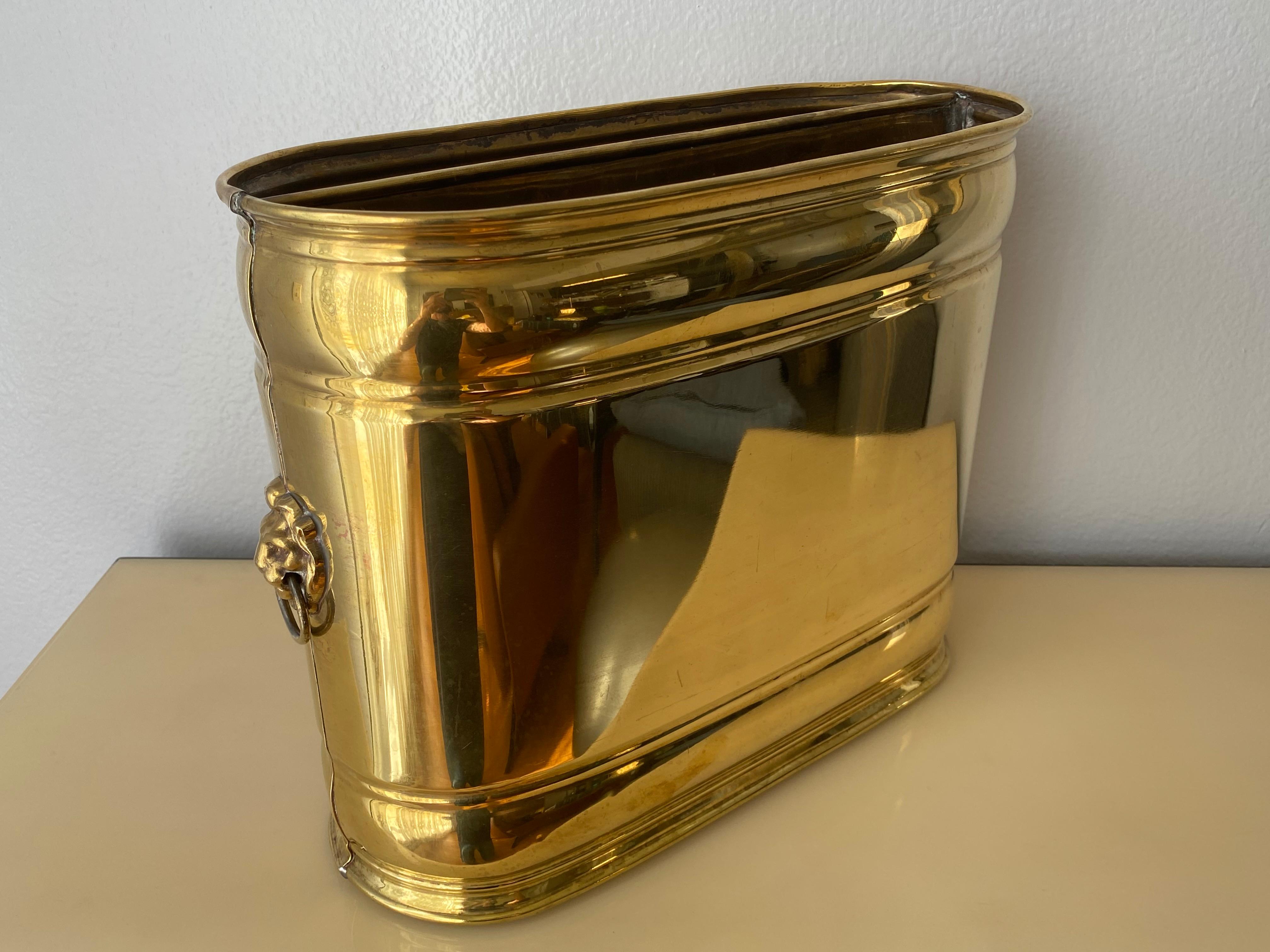 Hollywood Regency Brass Lion Motif Magazine Holder For Sale