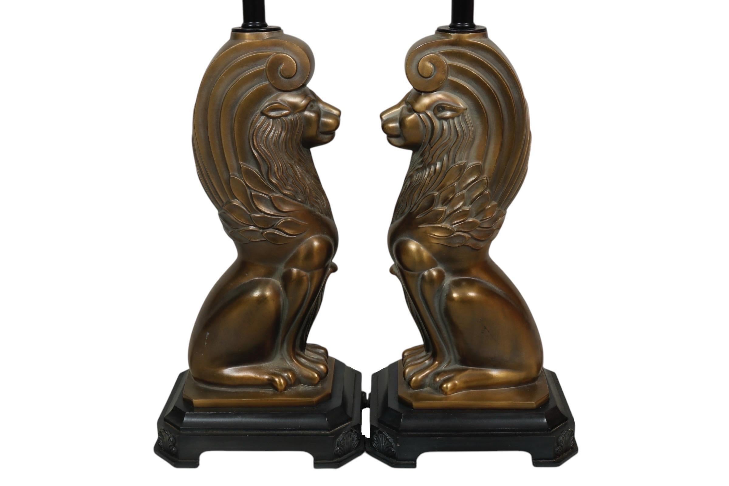 Hollywood Regency Brass Lion Table Lamps - a Pair