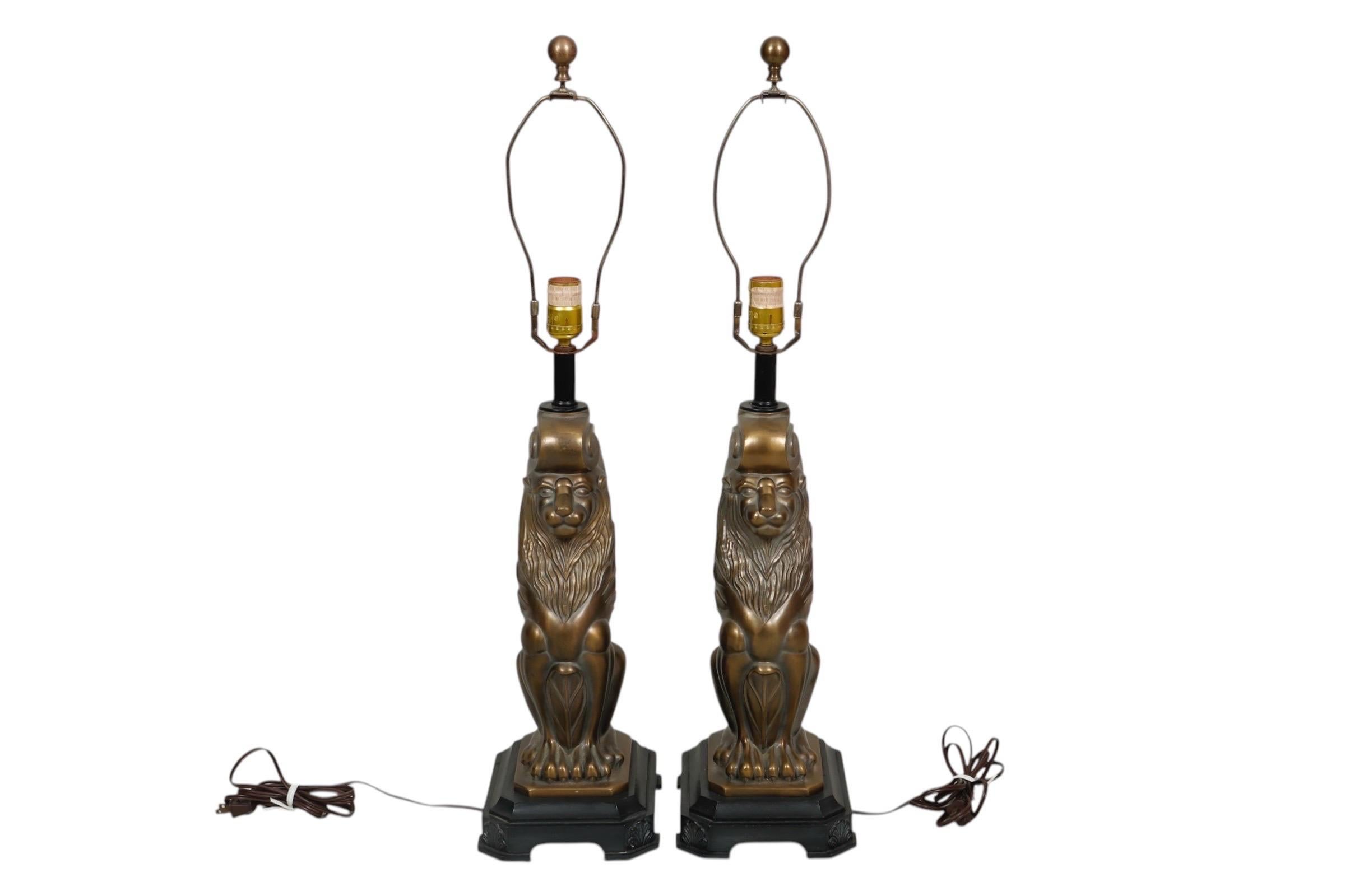 American Brass Lion Table Lamps - a Pair