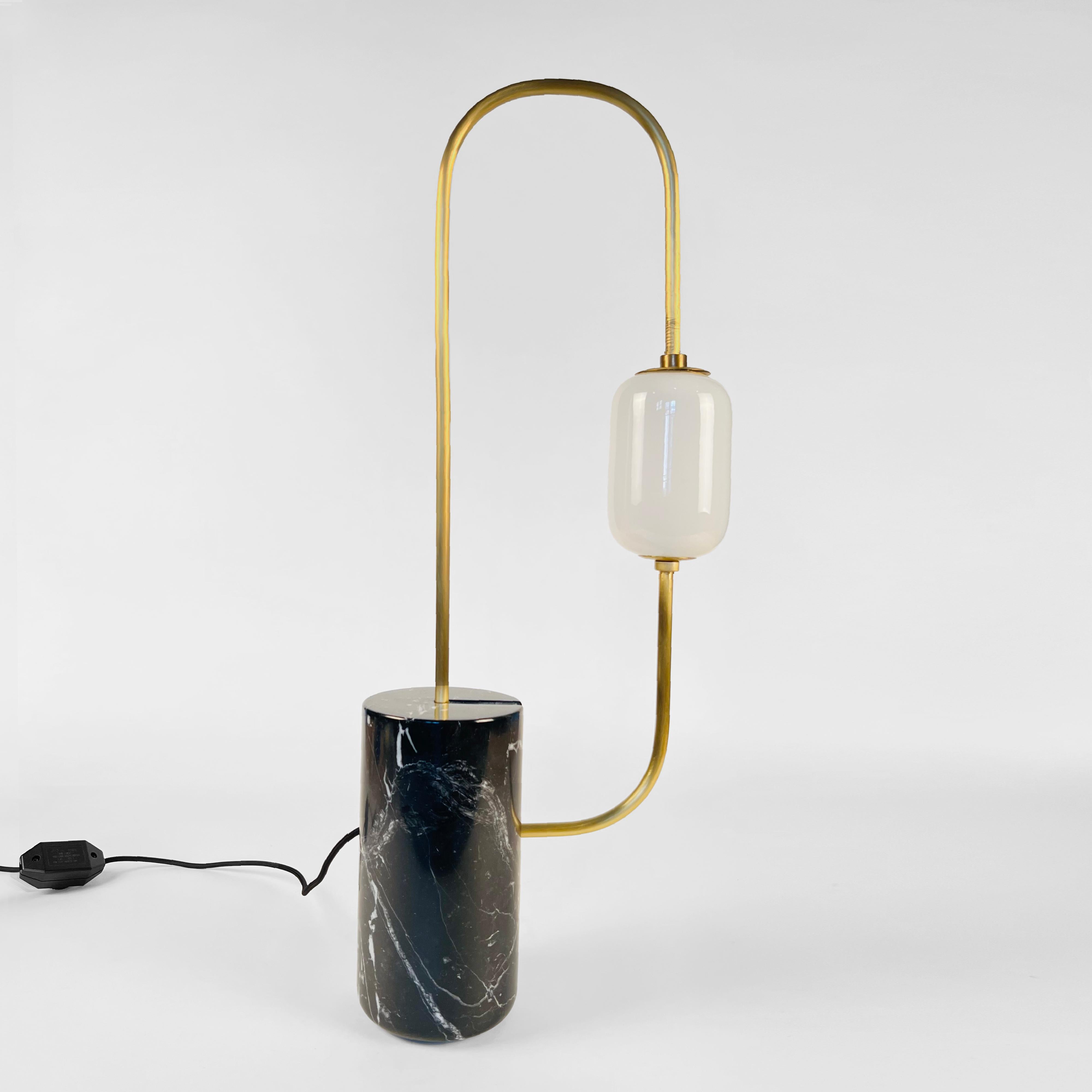 Modern Brass Loop Table Lamp with Black Marble Base and White Capsule Shade For Sale