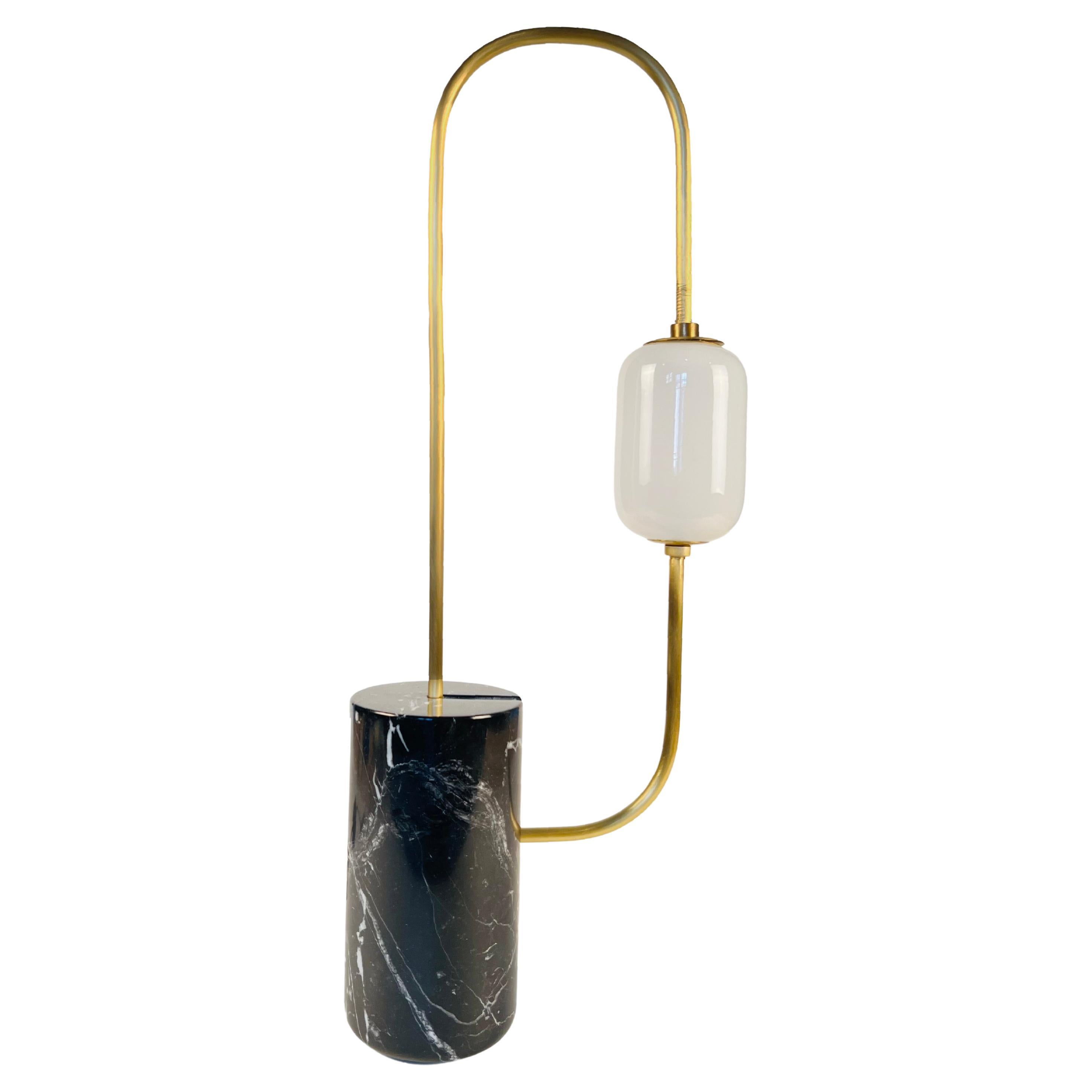Brass Loop Table Lamp with Black Marble Base and White Capsule Shade For Sale