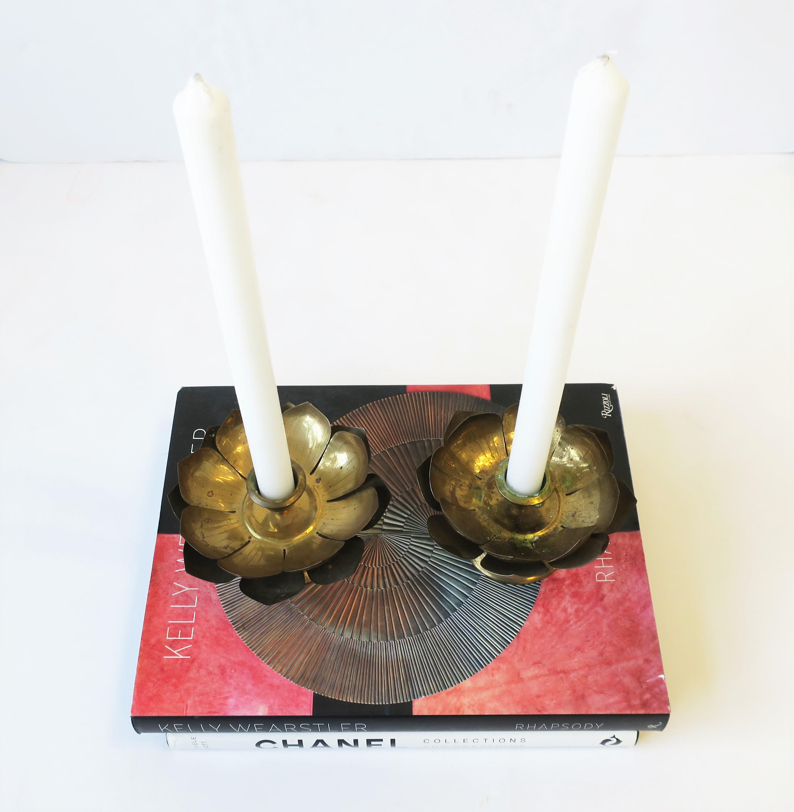 Brass Lotus Flower Candlestick Holders by Feldman, Pair, circa 1960s 5