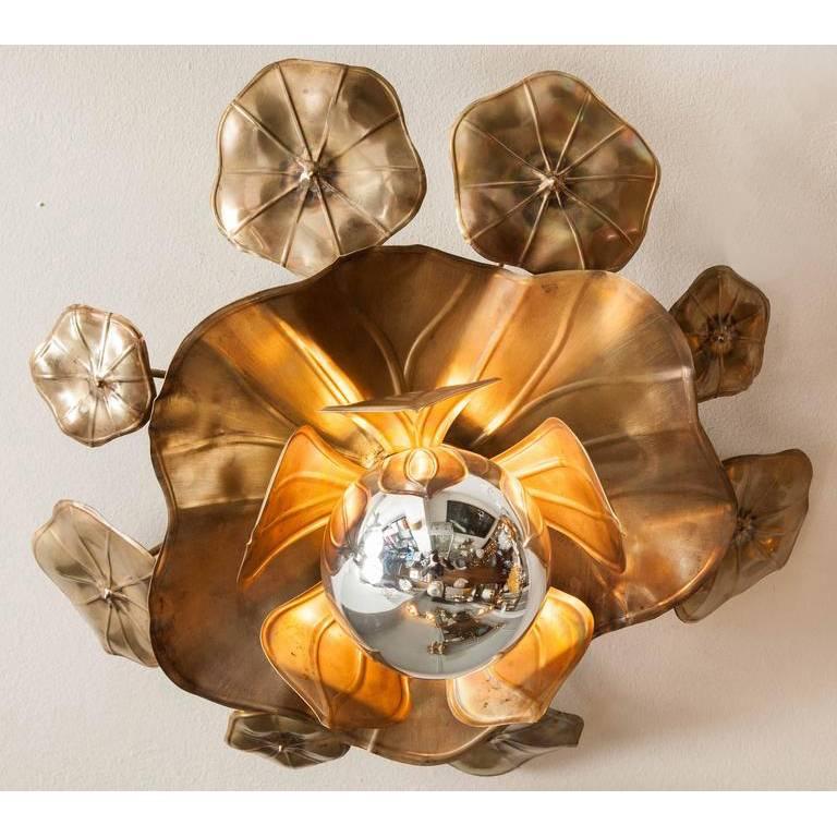 Contemporary Brass Lotus Flower Ceiling Light For Sale