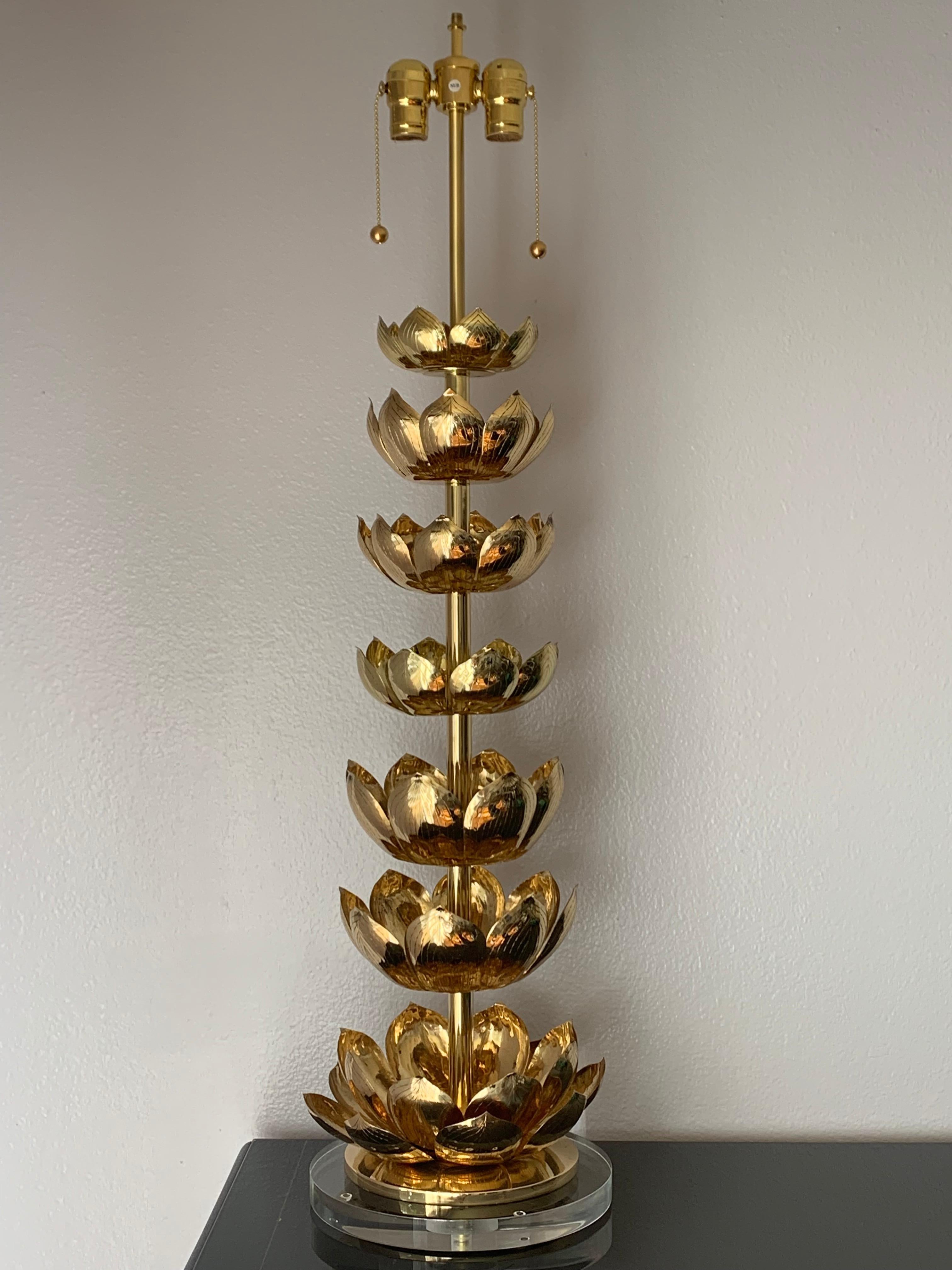 Brass lotus lamp attributed to Feldman. Recently polished and mounted on acrylic base. Requires two up to 60watt E27 base bulbs.