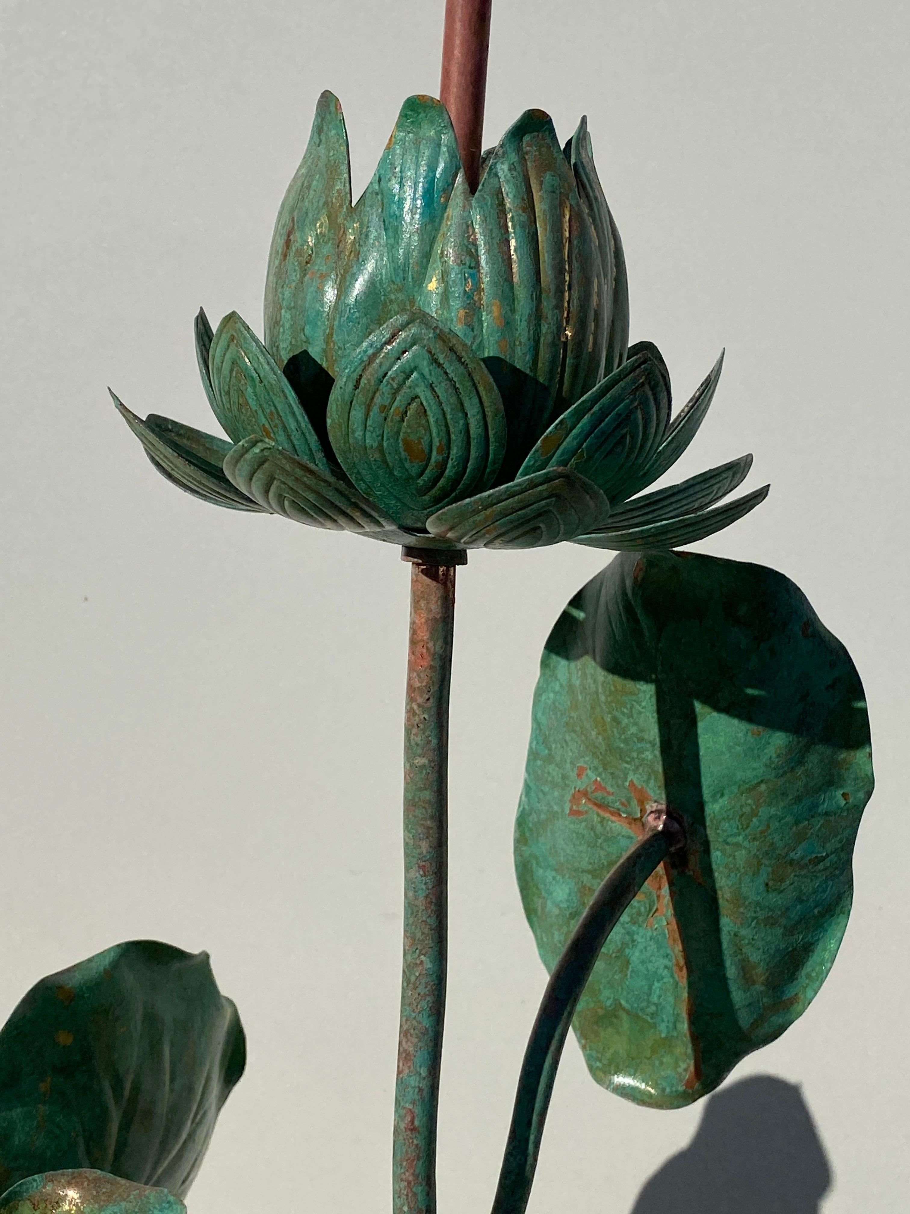 Brass Lotus Lamp in Verdigris Patina For Sale 3