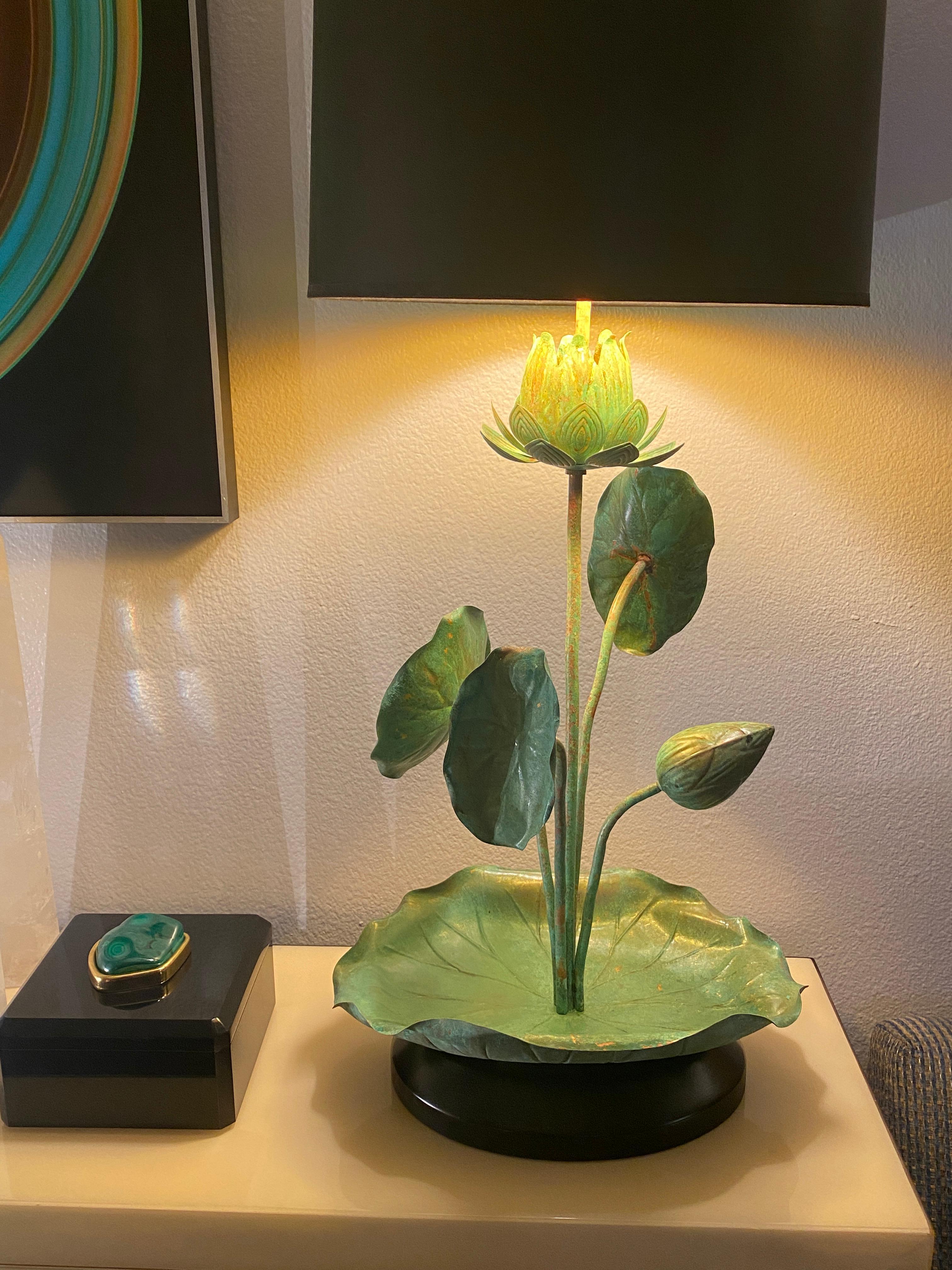 Brass Lotus Lamp in Verdigris Patina For Sale 5