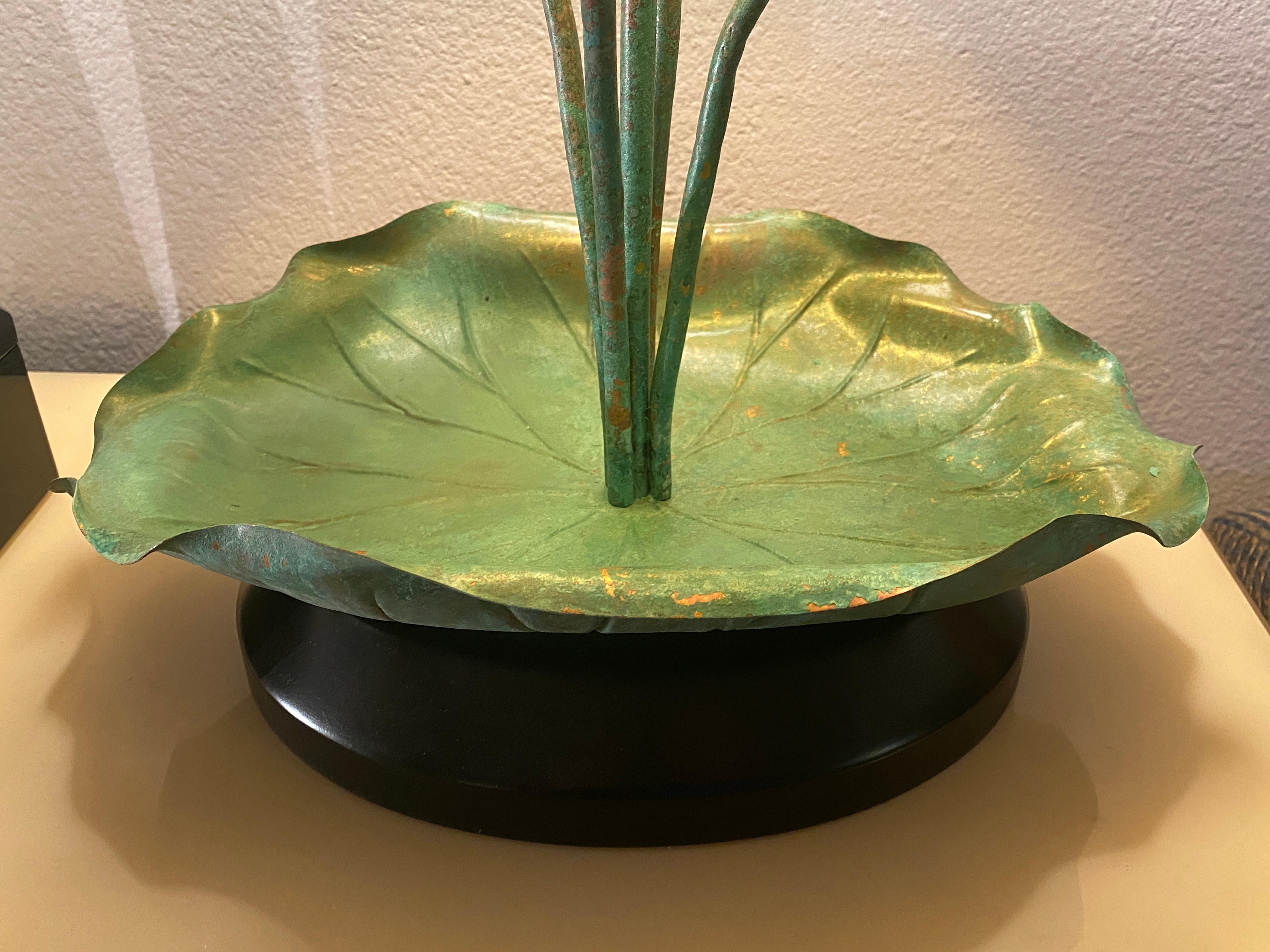 Brass Lotus Lamp in Verdigris Patina For Sale 6