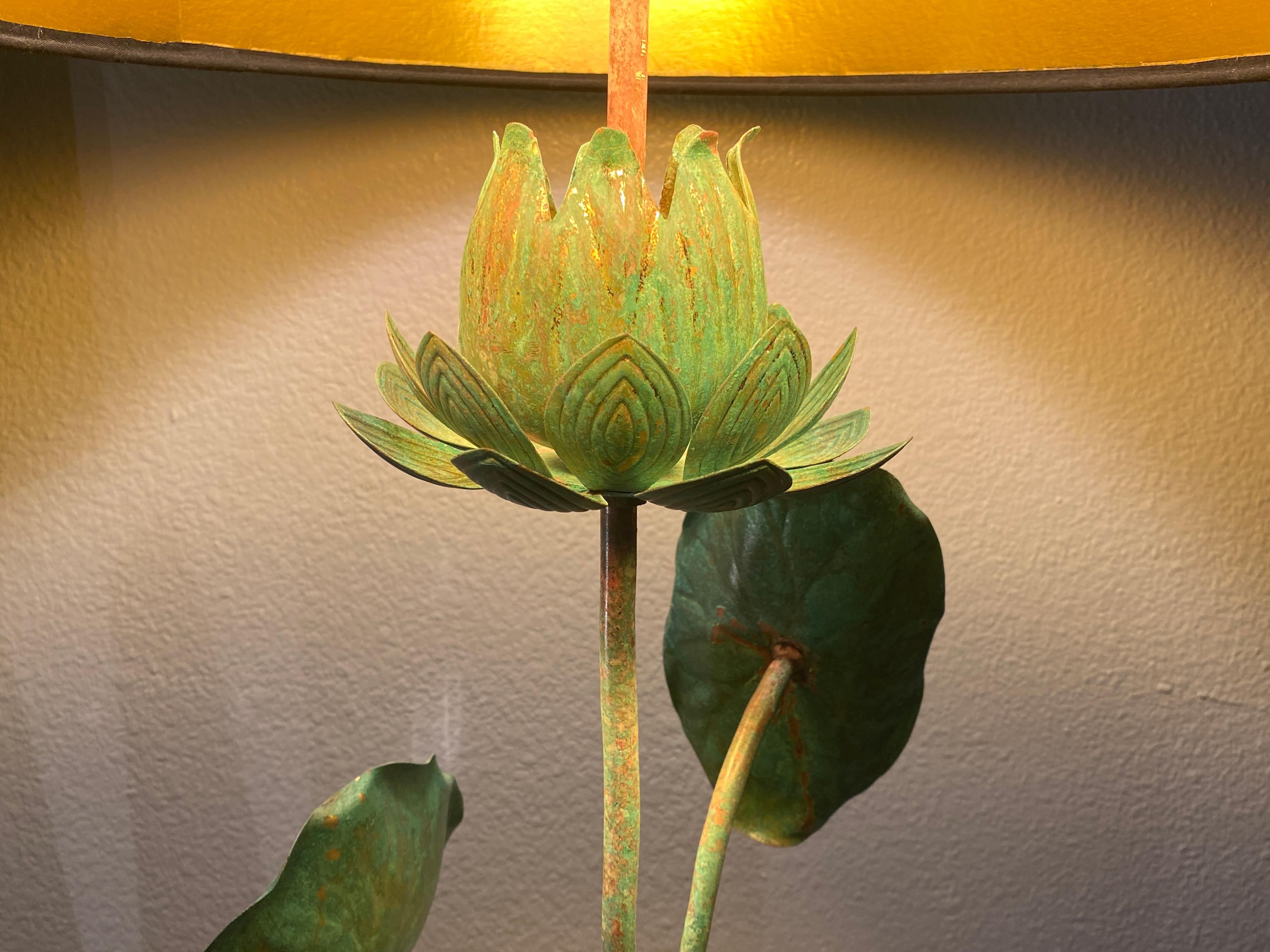Brass Lotus Lamp in Verdigris Patina For Sale 9