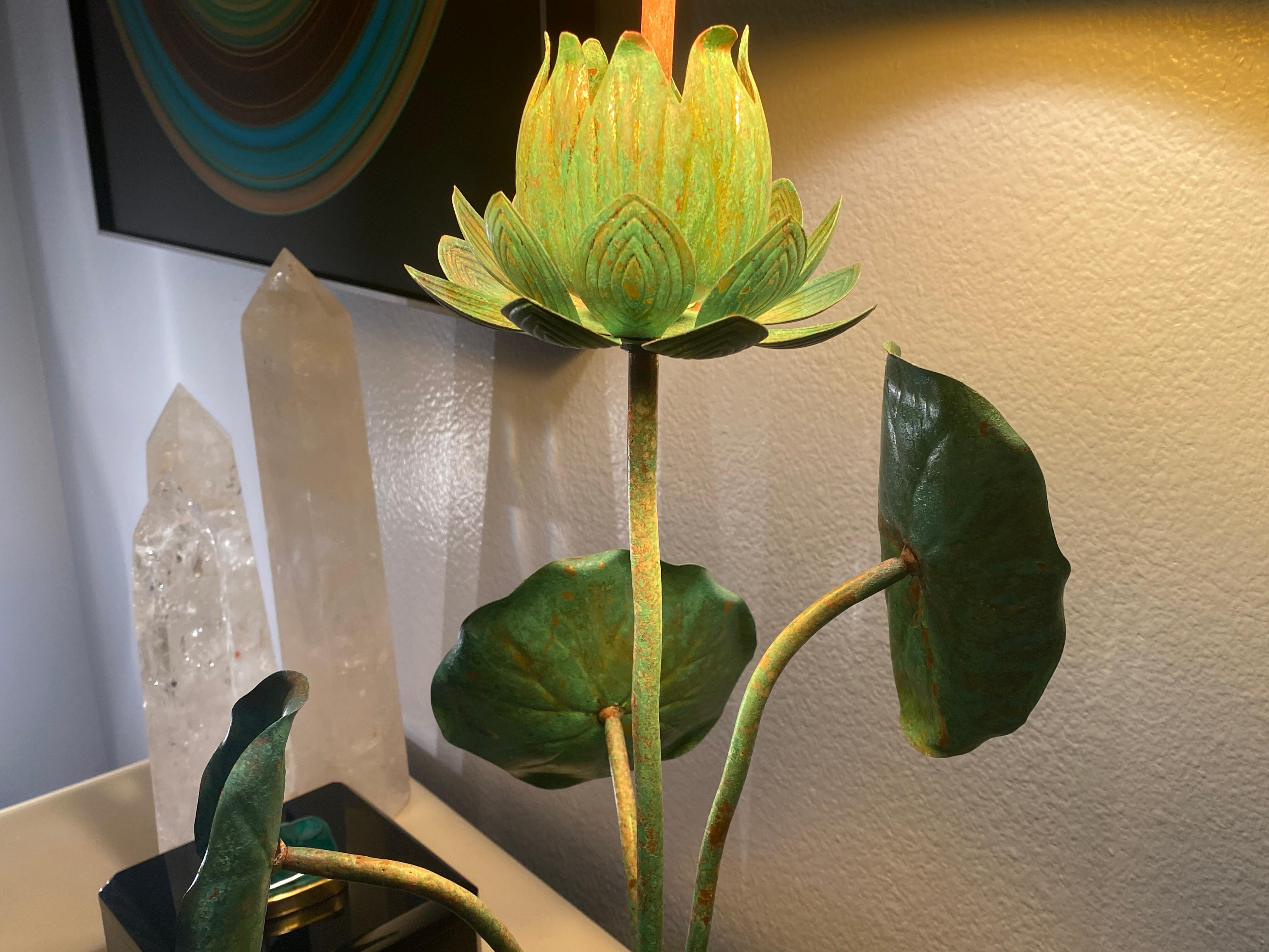 Brass Lotus Lamp in Verdigris Patina For Sale 10