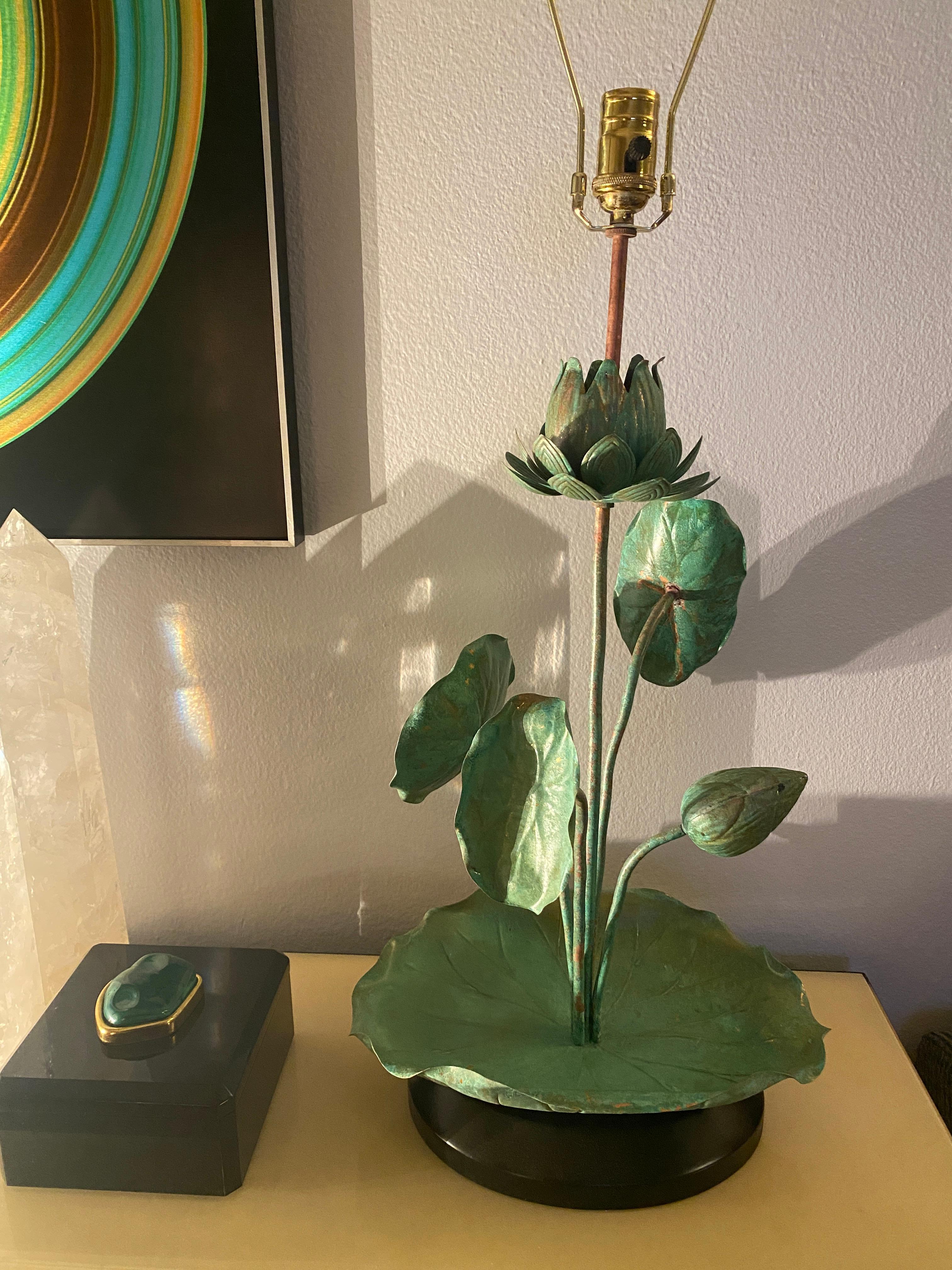 Brass Lotus Lamp in Verdigris Patina For Sale 11