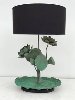 Brass Lotus Lamp in Verdigris Patina