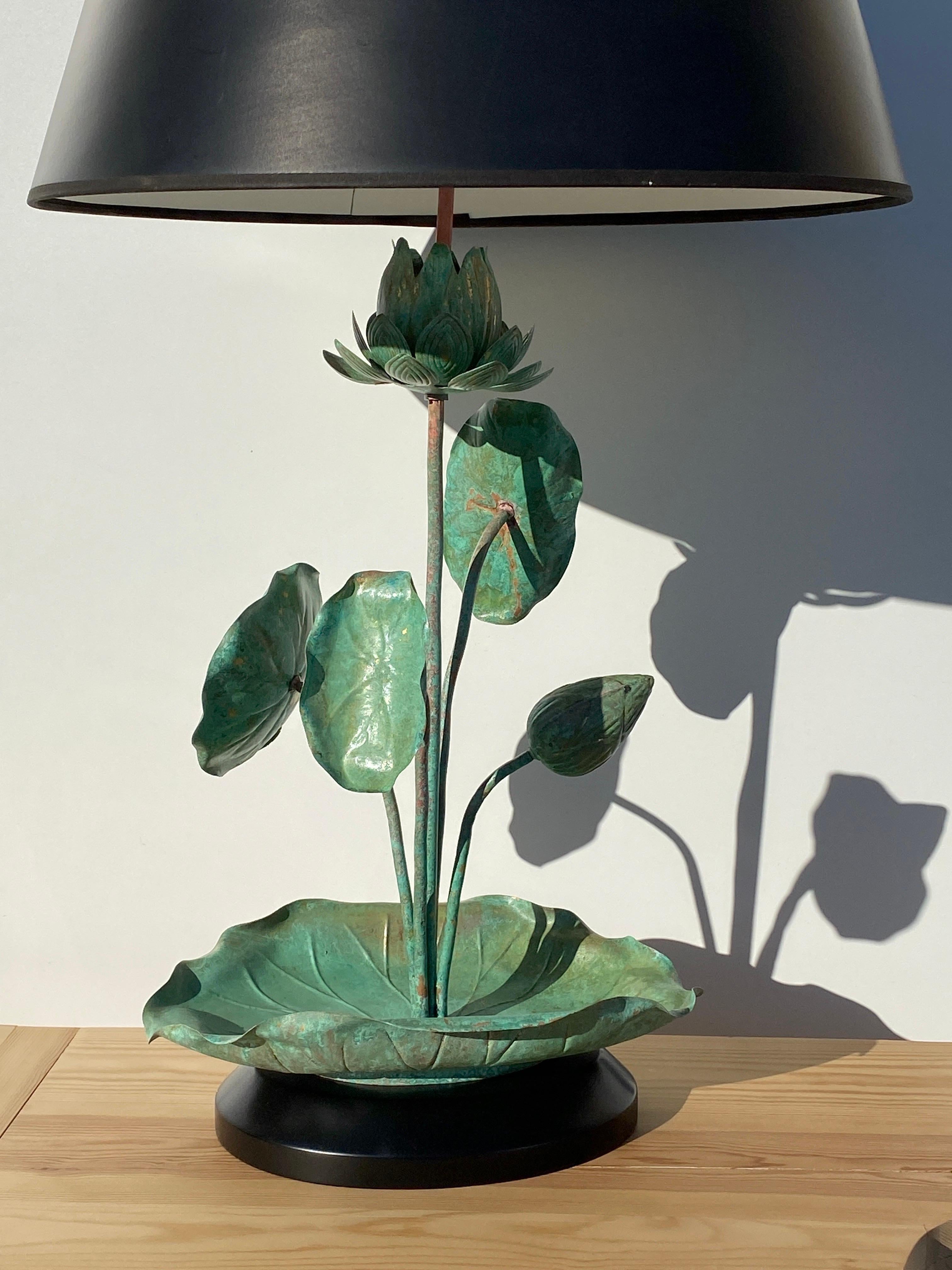 Brass lotus table lamp in verdigris patina attributed to Feldman Lighting Co. Shade not included.