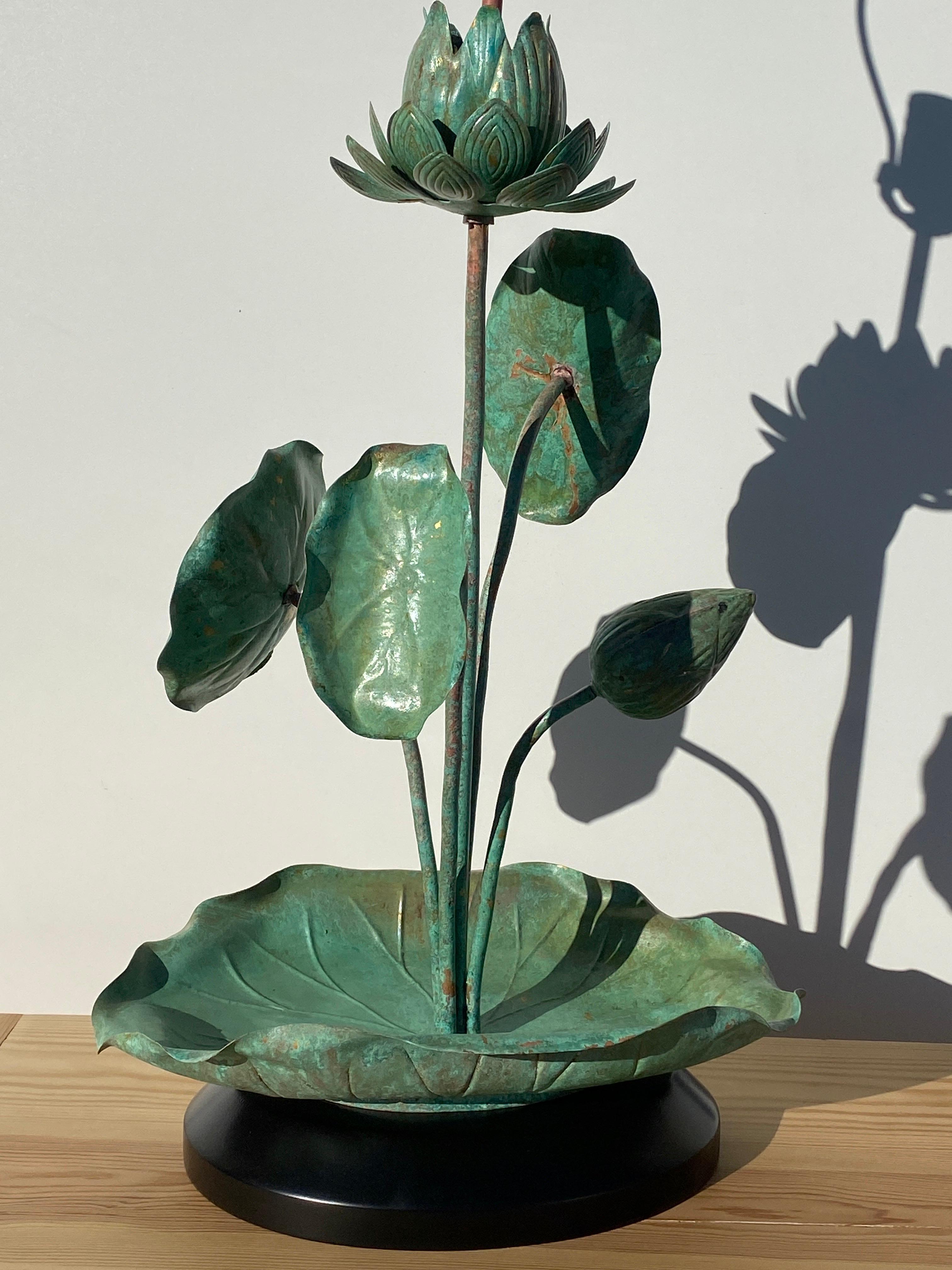 Hollywood Regency Brass Lotus Lamp in Verdigris Patina For Sale