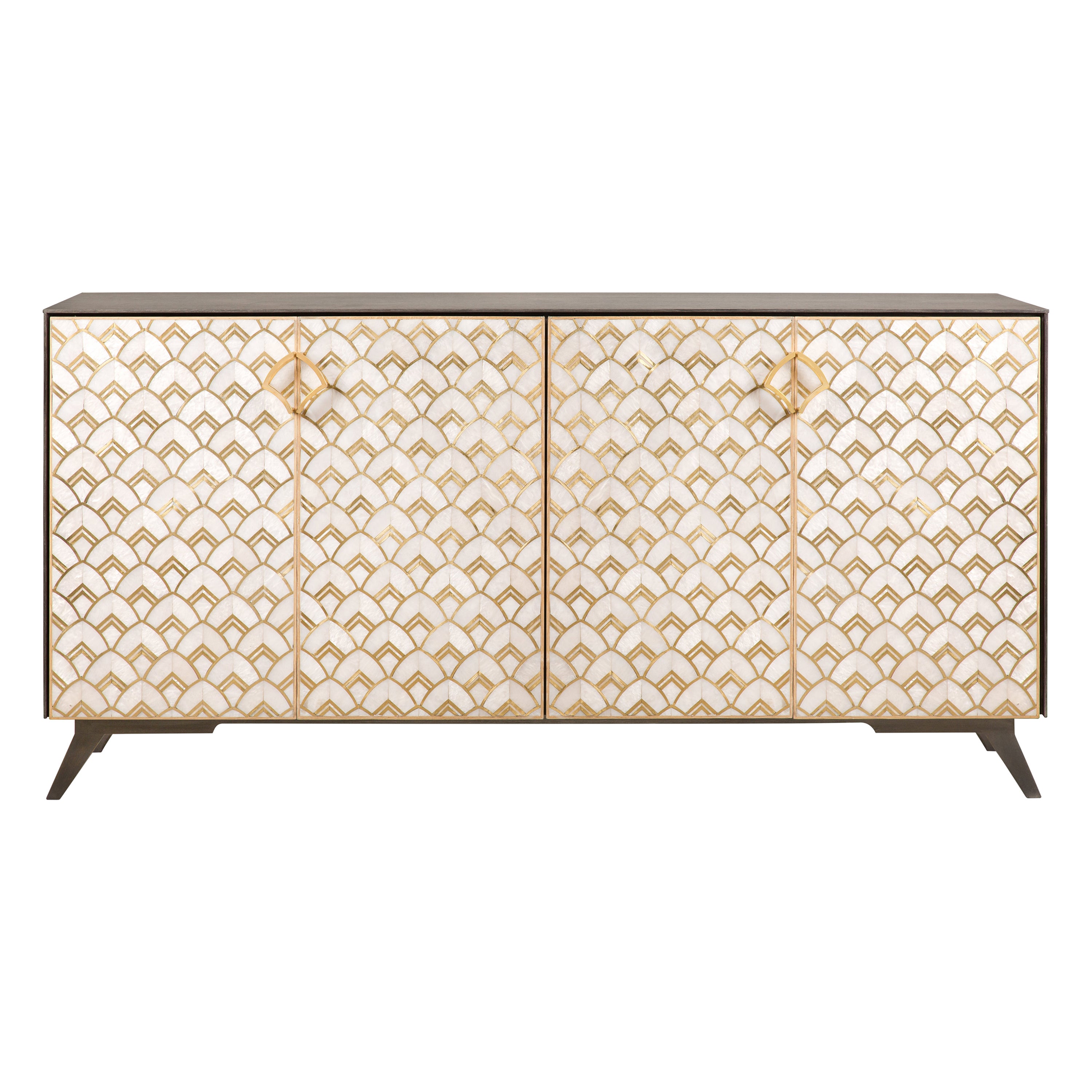 Buffet de latón con diseño de loto hecho a mano en nácar encerrado en un cuerpo de roble en venta