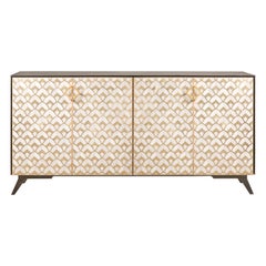 Brass Lotus Pattern Handcrafted into Mother-of-Pearl Buffet Encased in Oak Body