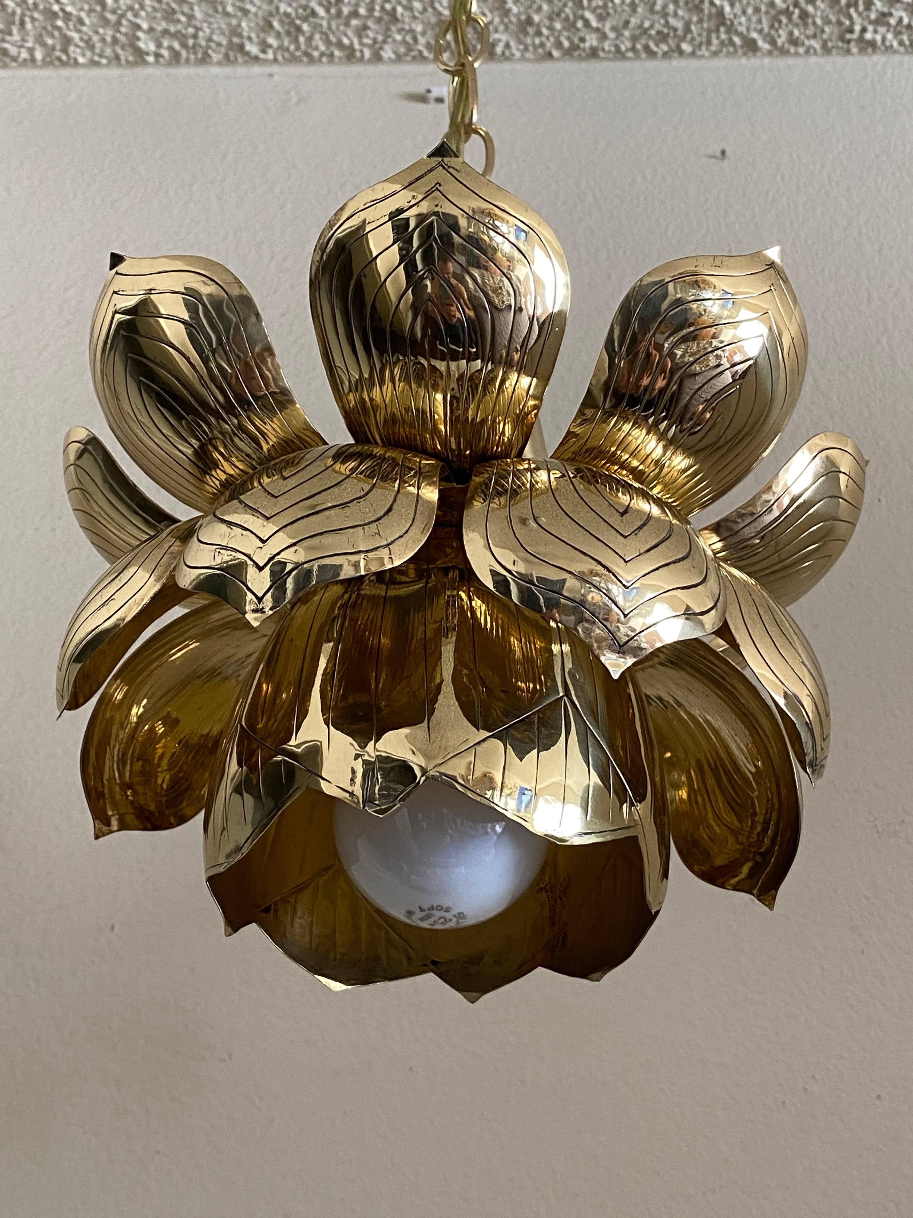 Hollywood Regency Brass Lotus Pendent Light