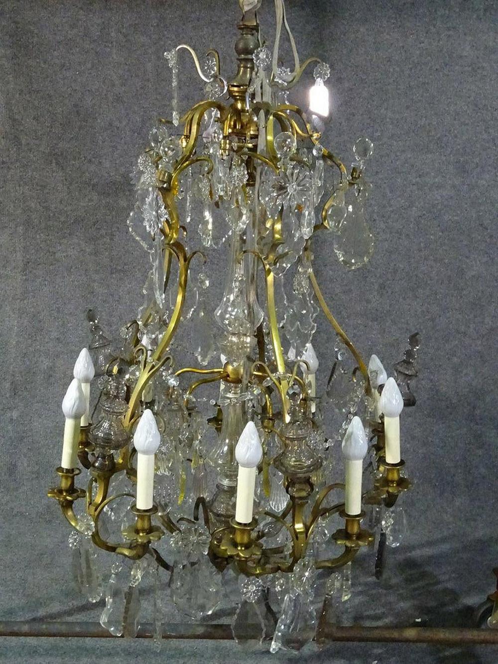 French Brass Louis XVI Style 1930s Crystal Pendant Chandelier with Crystal Spires For Sale