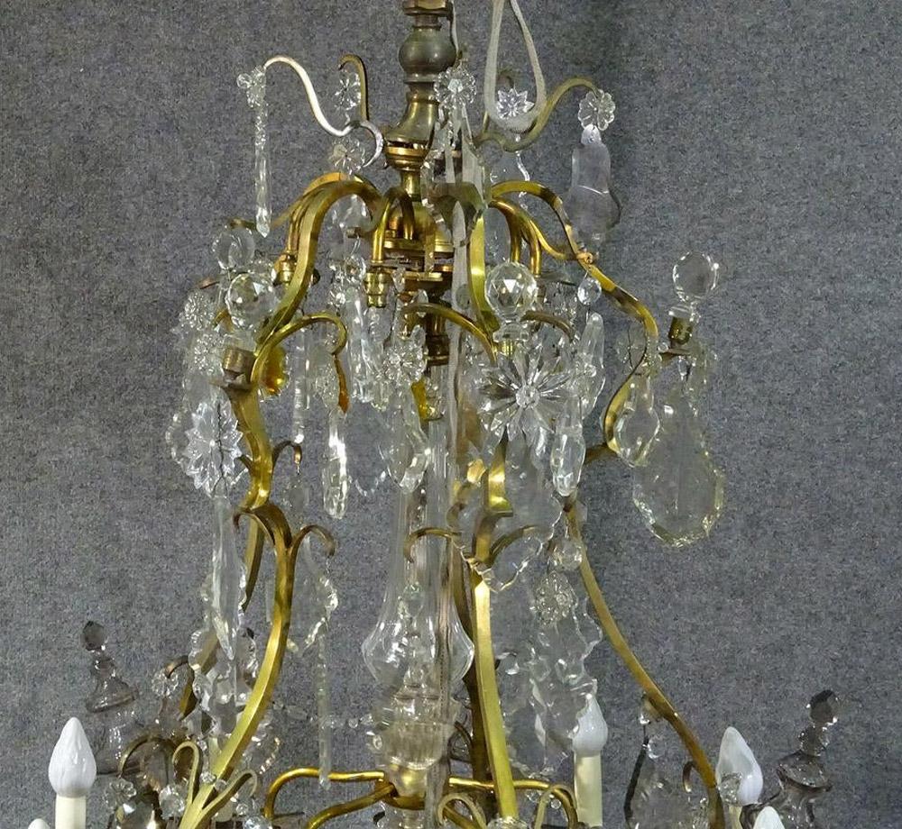 Brass Louis XVI Style 1930s Crystal Pendant Chandelier with Crystal Spires In Good Condition For Sale In Swedesboro, NJ