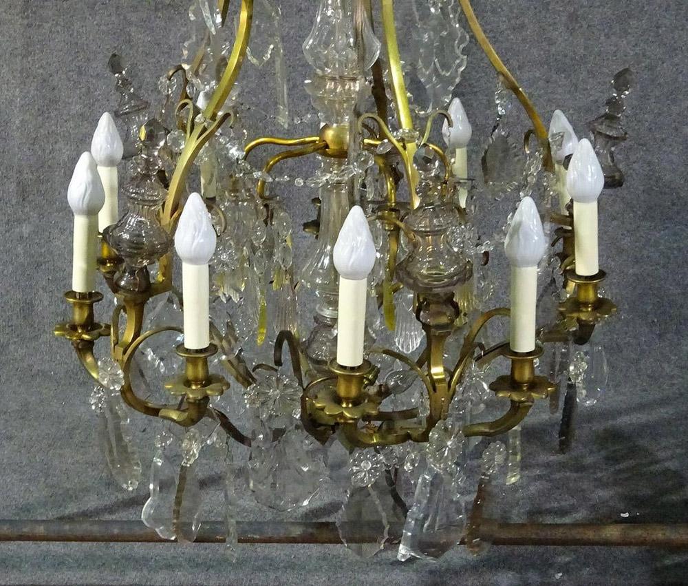 Mid-20th Century Brass Louis XVI Style 1930s Crystal Pendant Chandelier with Crystal Spires For Sale