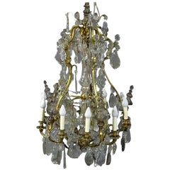 Lustre à suspension en laiton de style Louis XVI des années 1930 en cristal avec spirales en cristal