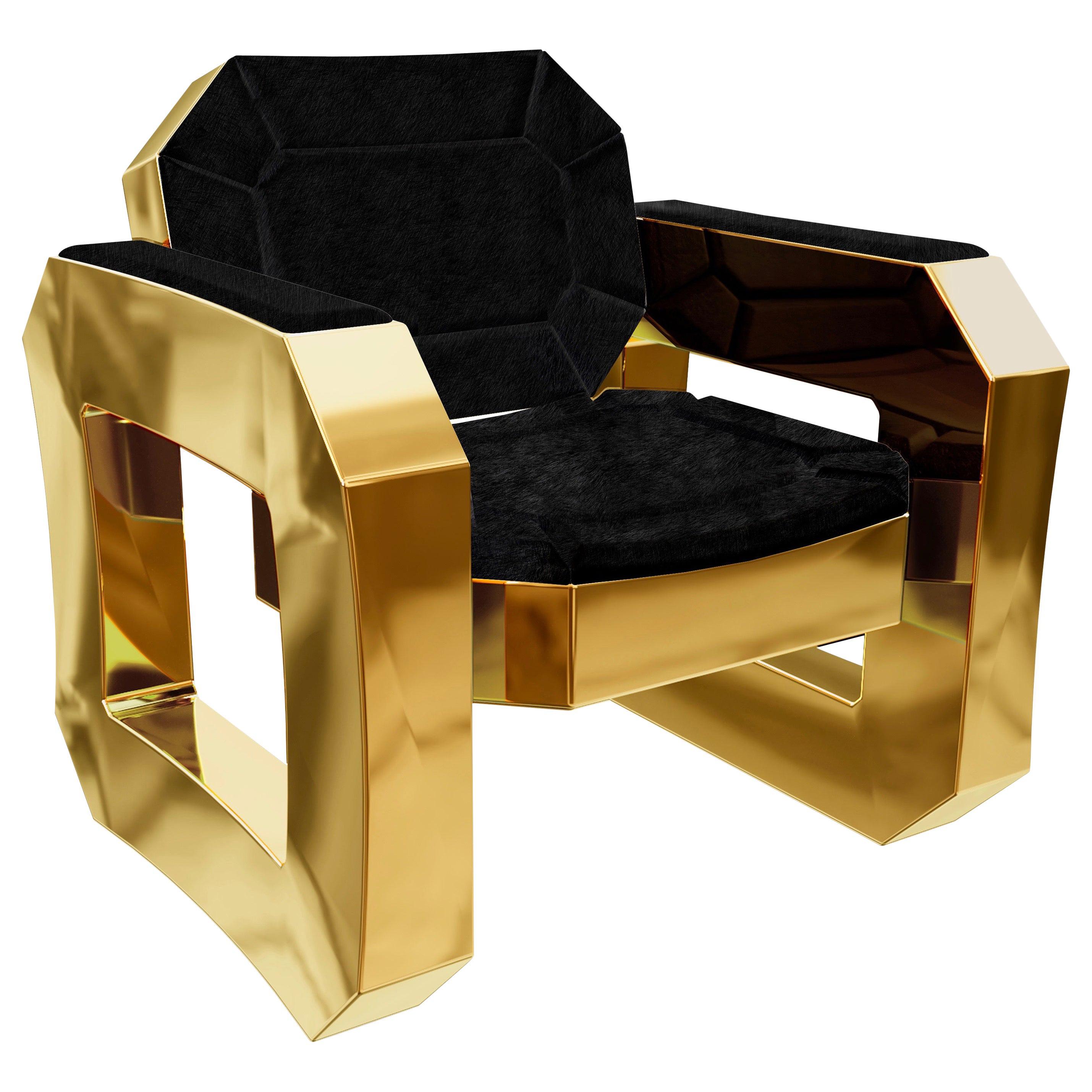 Brass Lounge Chair with Black Velvet Upholstery
