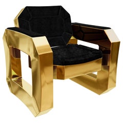 Brass Lounge Chair with Black Mohair Velvet Upholstery