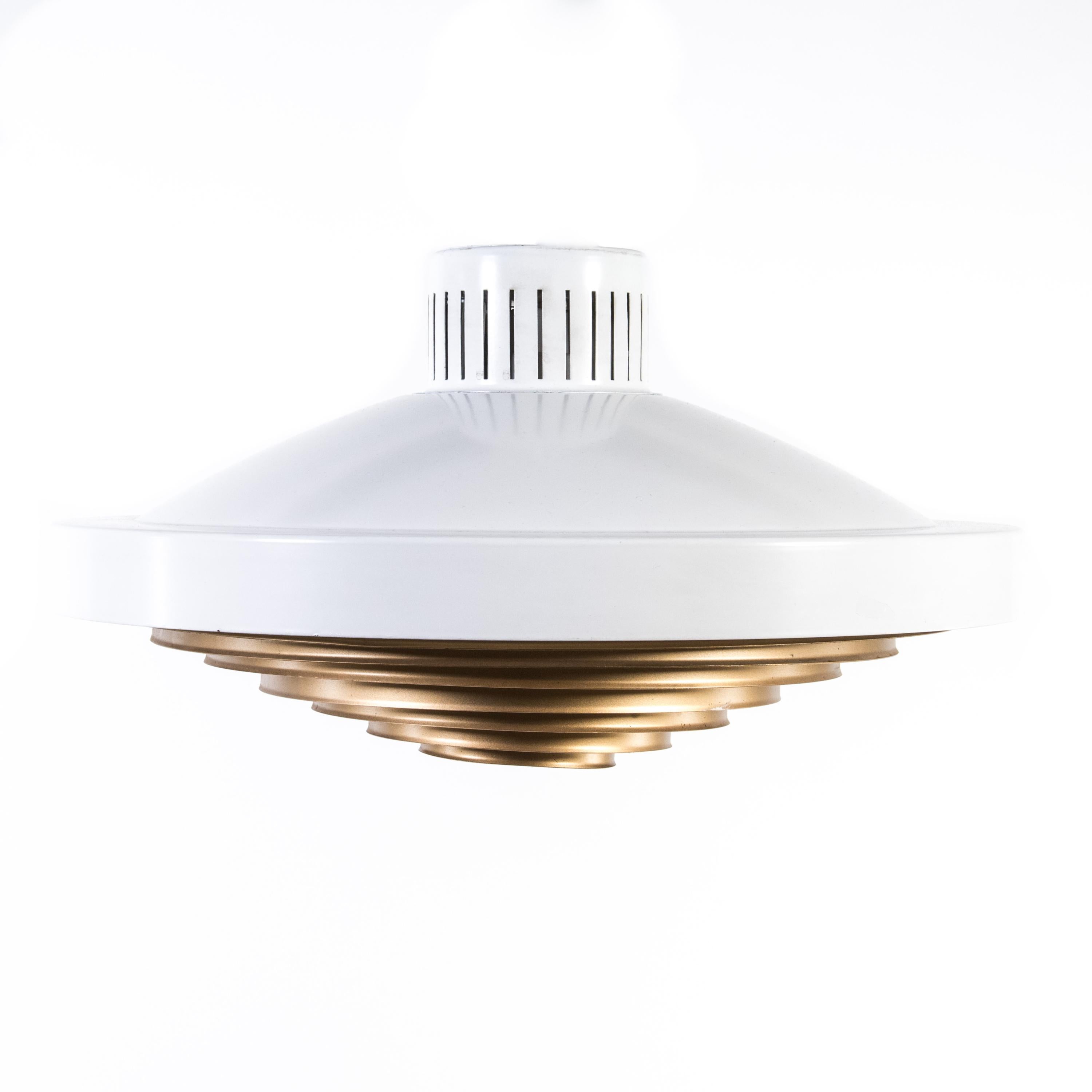 Larger flush mount / ceiling lamp (4 available) by Finnish designer Lisa Johansson-Pape (1907-1989) with brass louvered diffuser made by Finnish manufacturer Stockman Orno. 

Diameter 44 cm x H: 21 cm. 
1 x light bulb max. 100W.

Opening at top