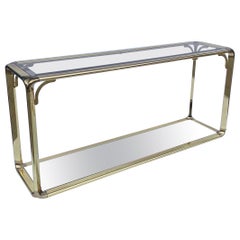 Brass Low Console Table Media Unit Mirror Hollywood Regency Glass 1970s Italy