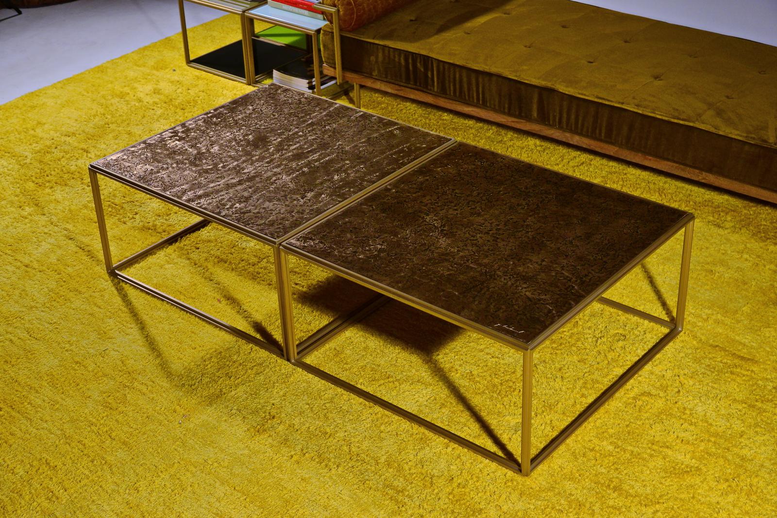 Minimalist 1 Brass Low Table, Hand Cast Polished Bronze Top, One of a kind by P. Tendercool For Sale