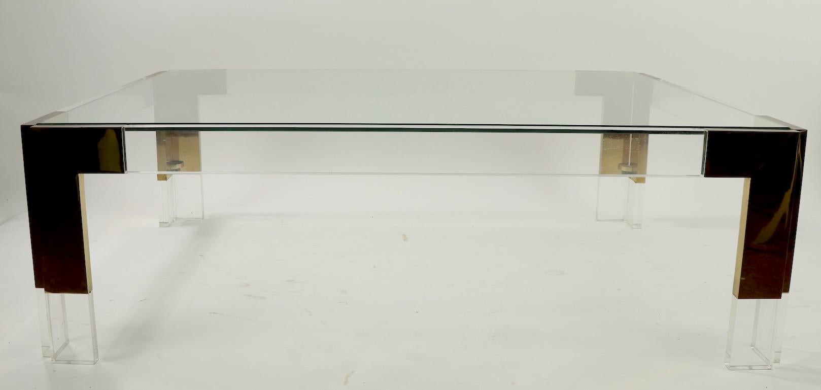 Hollywood Regency Brass Lucite and Glass Coffee Table after Charles Hollis Jones