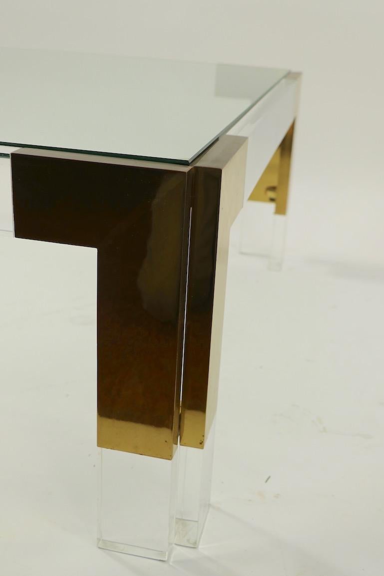 Brass Lucite and Glass Coffee Table after Charles Hollis Jones In Good Condition In New York, NY