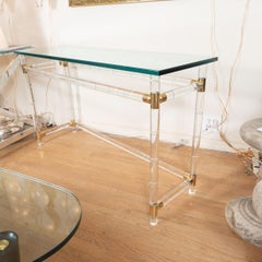 Brass lucite and glass slender console