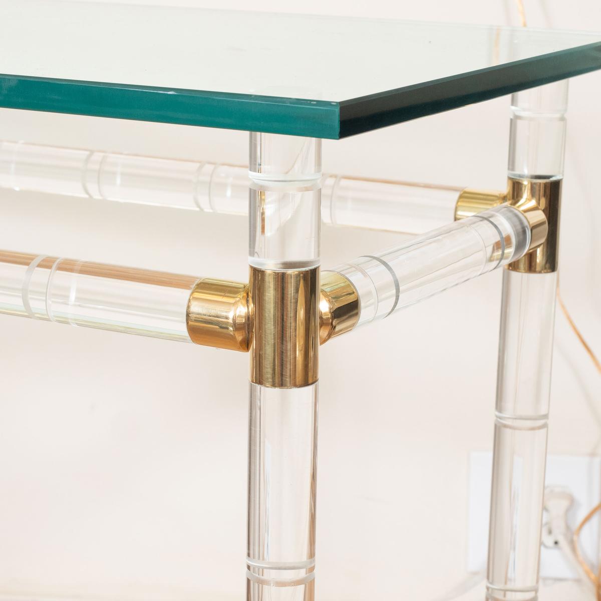 American Brass lucite and glass slender console For Sale