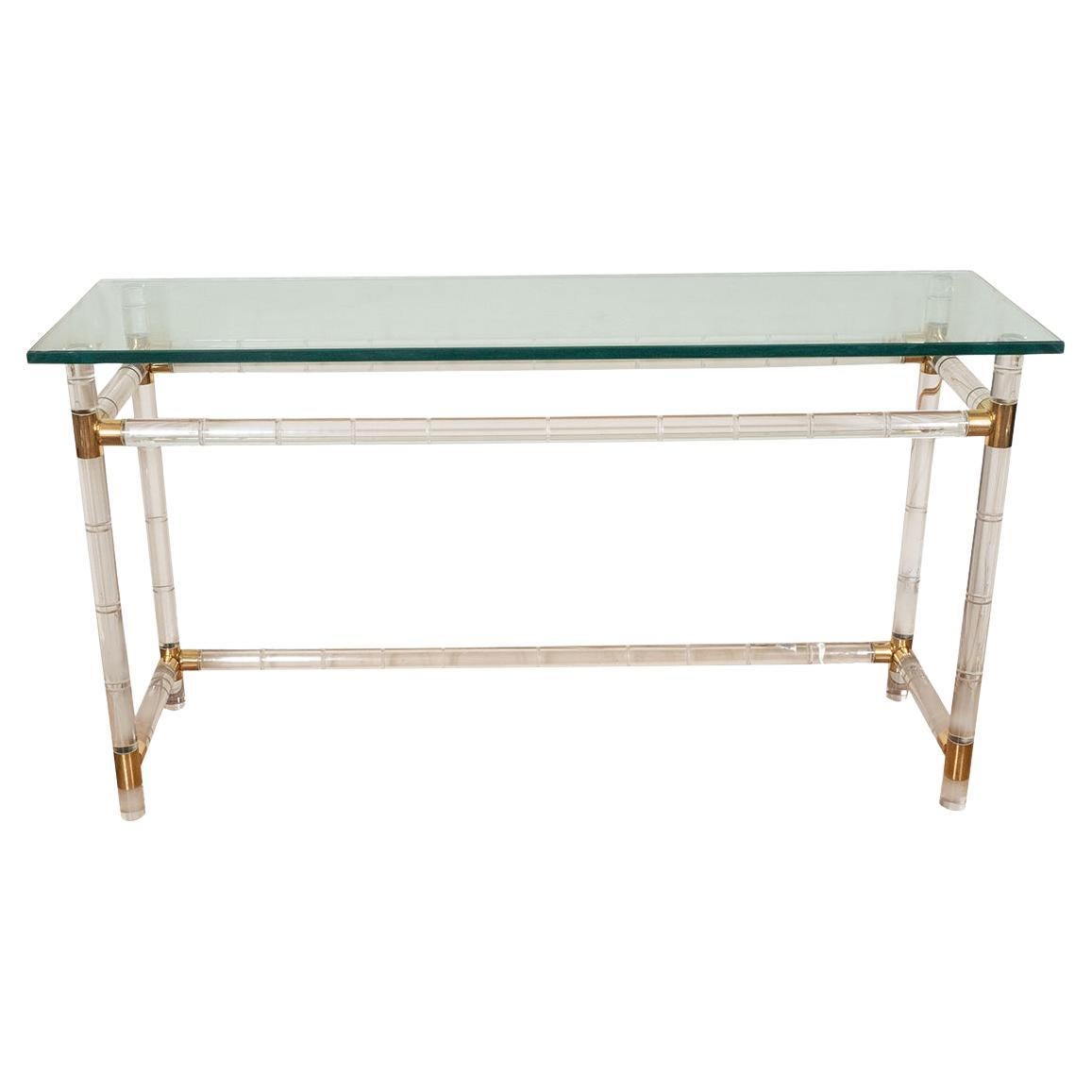 Brass lucite and glass slender console For Sale