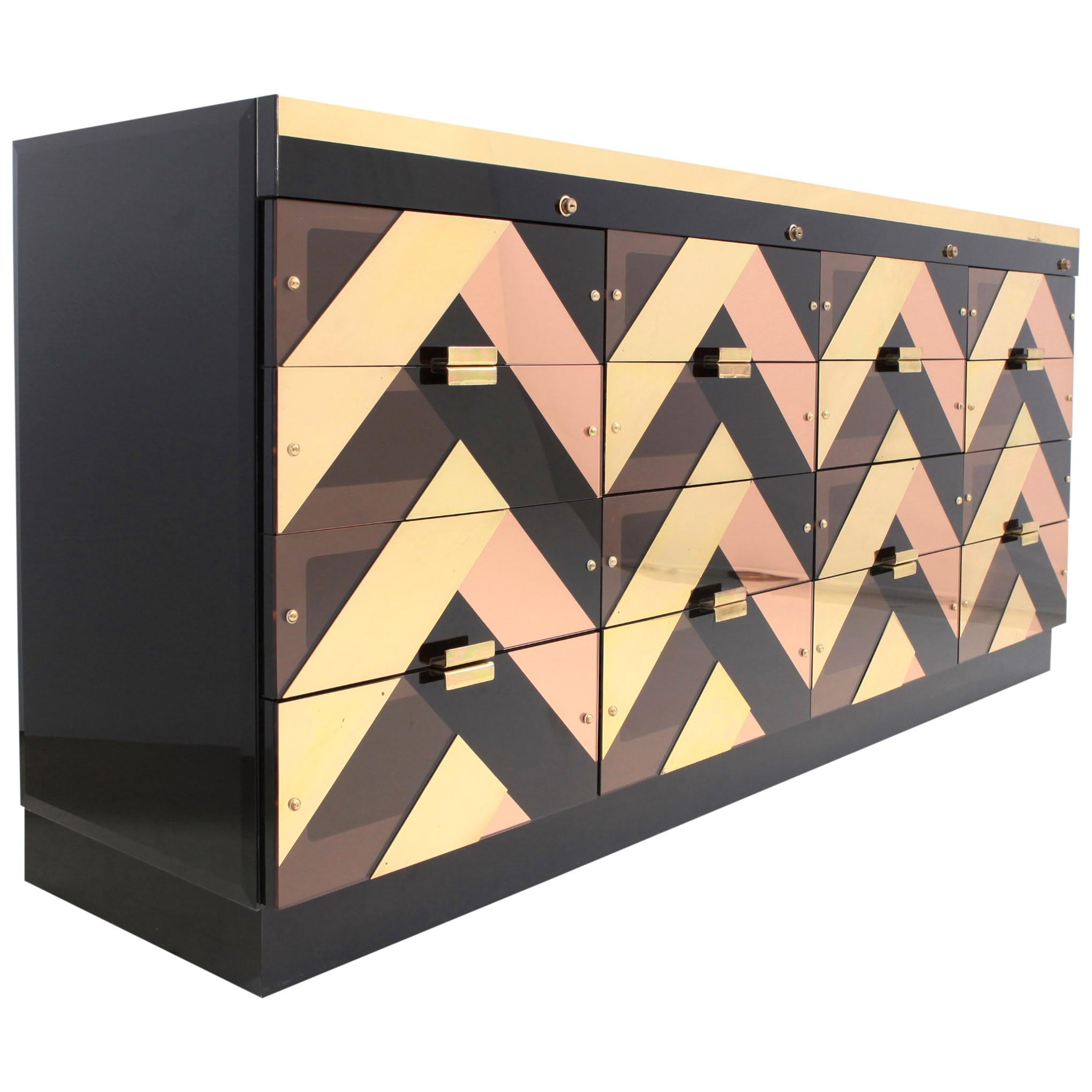 Brass, Lucite and Lacquer Sideboard with 16 Drawers