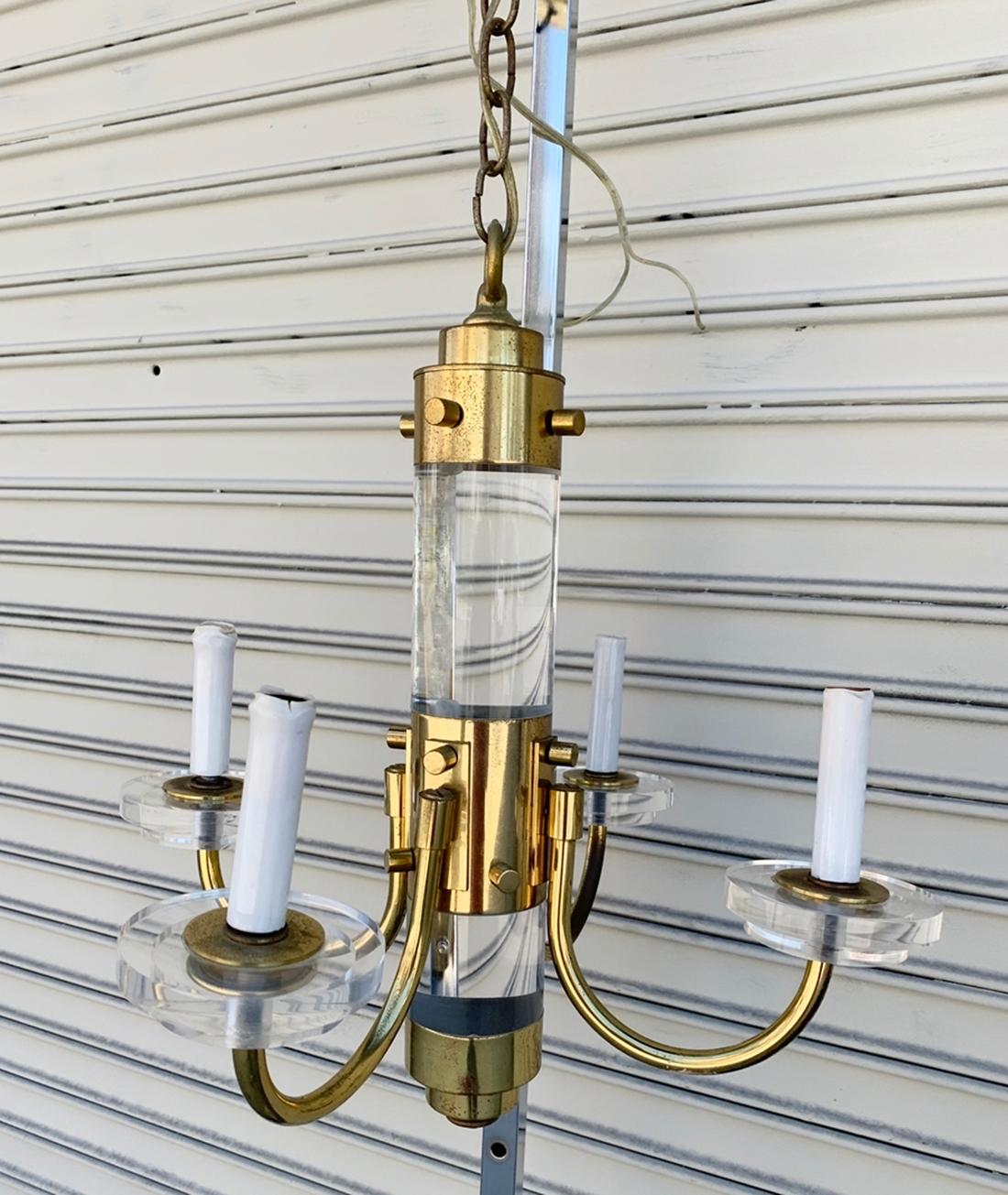 Mid-Century Modern Brass and Lucite Chandelier Attributed to Charles Hollis Jones