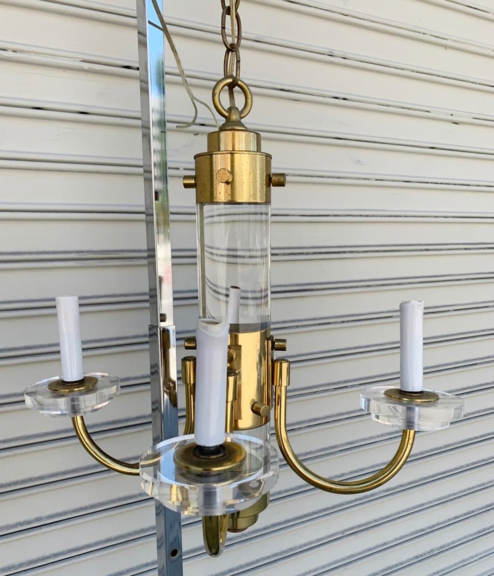 Brass and Lucite Chandelier Attributed to Charles Hollis Jones In Good Condition In Los Angeles, CA