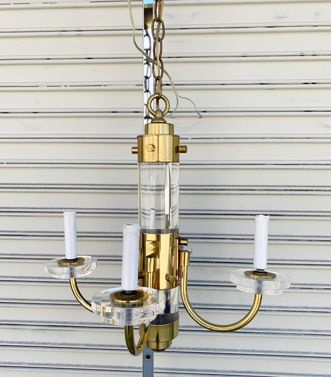 Late 20th Century Brass and Lucite Chandelier Attributed to Charles Hollis Jones