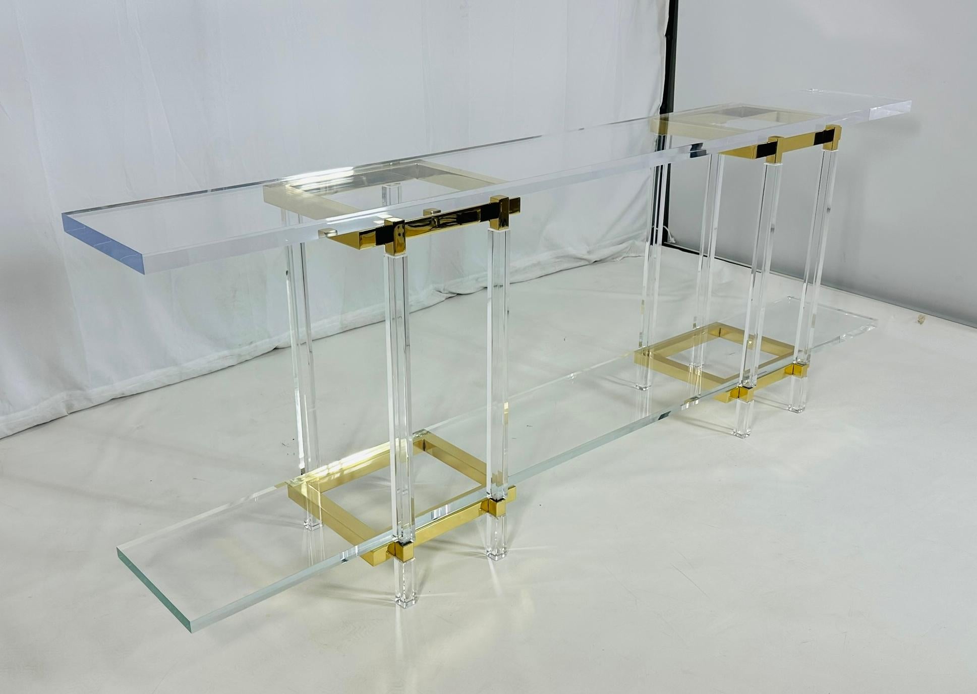 Hollywood Regency Brass & Lucite Console Table by Charles Hollis Jones, Metric Collection, Signed. For Sale