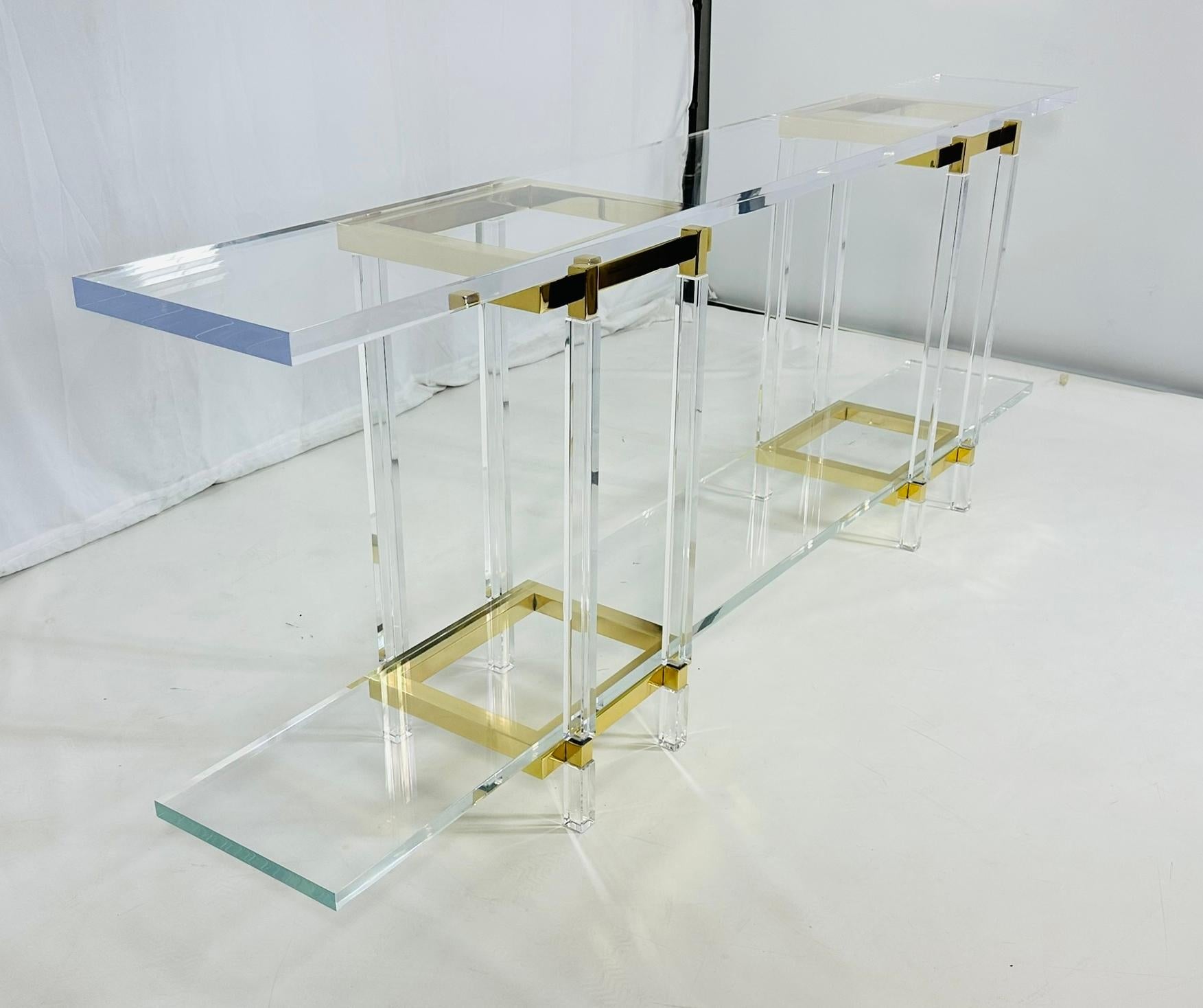 Hand-Crafted Brass & Lucite Console Table by Charles Hollis Jones, Metric Collection, Signed. For Sale